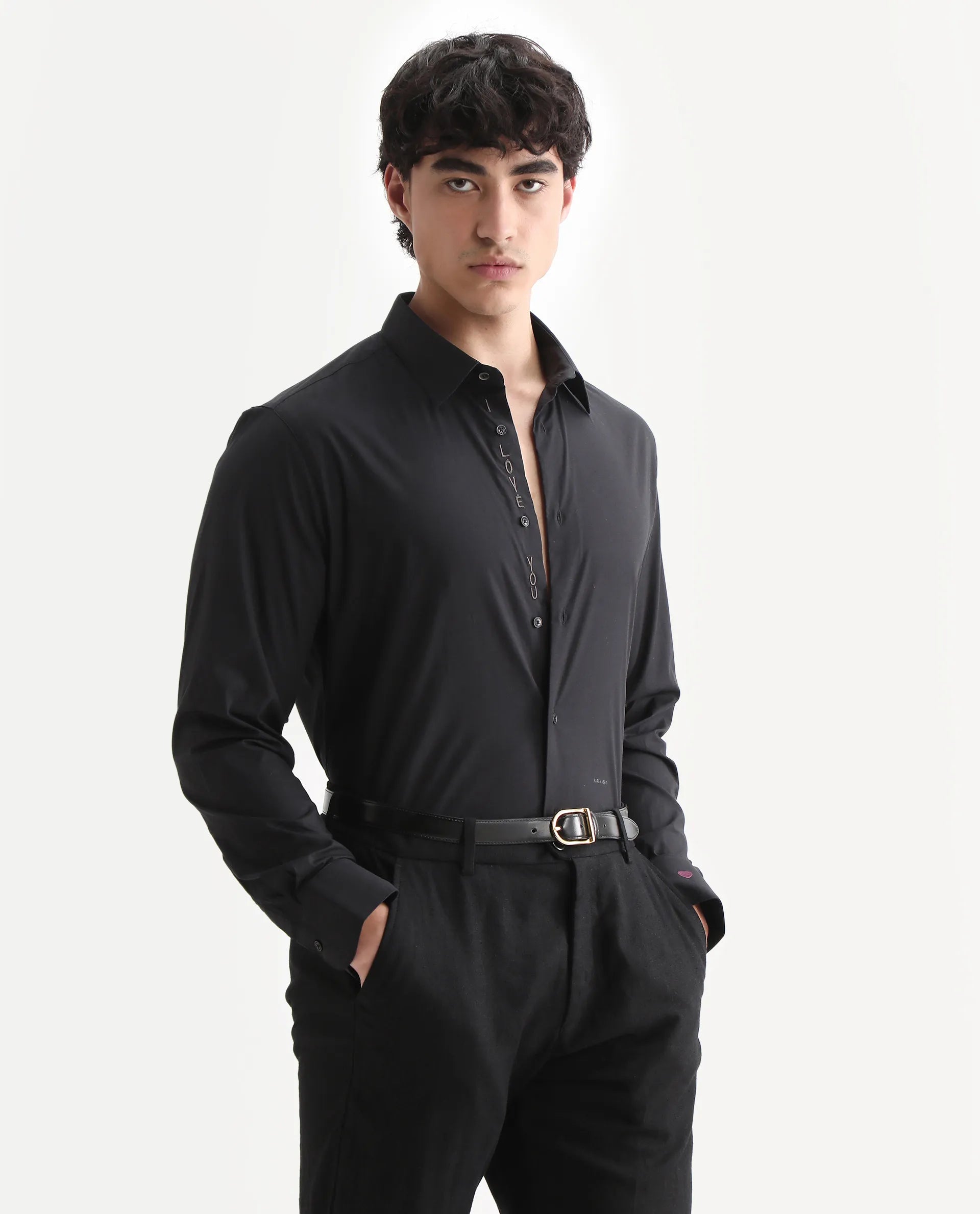Rare Rabbit Men's I Love You Black Cotton Embroidered Regular Fit Full Sleeve Collared Shirt