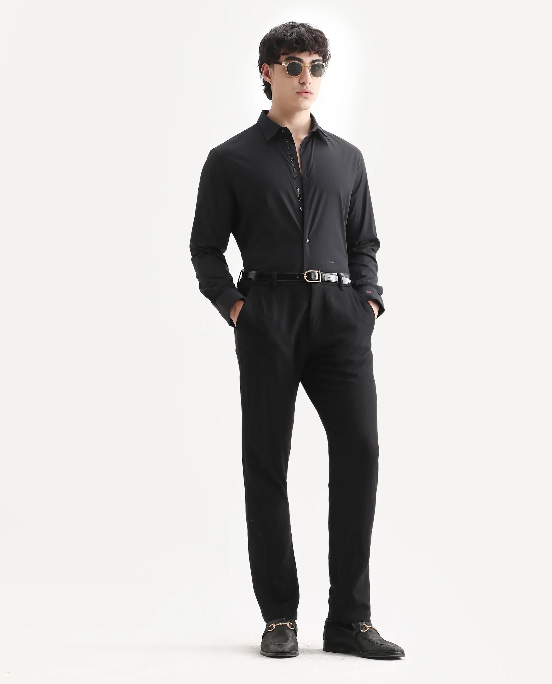 Rare Rabbit Men's I Love You Black Cotton Embroidered Regular Fit Full Sleeve Collared Shirt