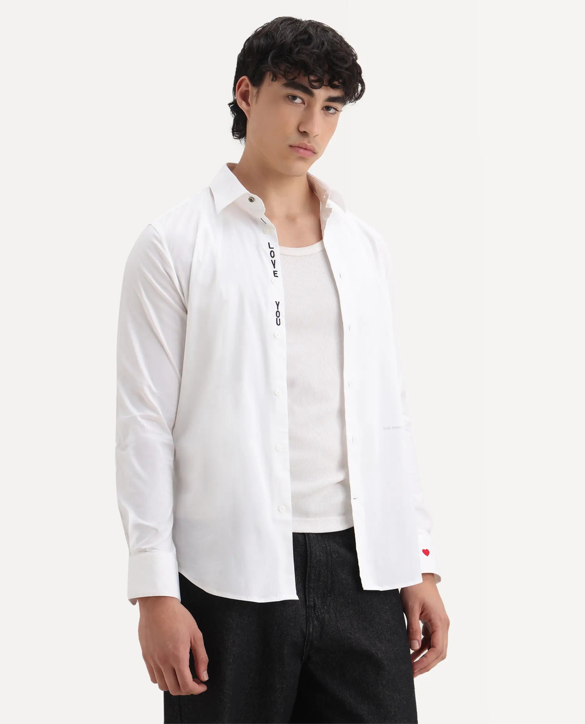 Rare Rabbit Men's I Love U White Cotton Embroidered Regular Fit Full Sleeve Collared Shirt