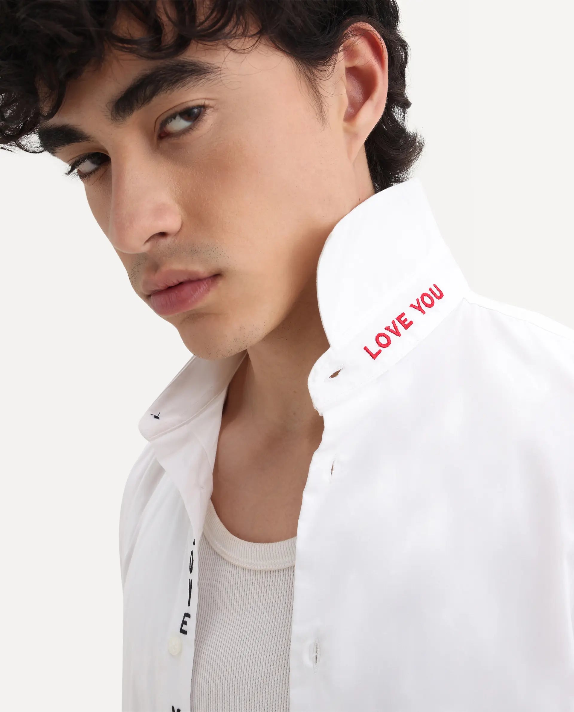 Rare Rabbit Men's I Love U White Cotton Embroidered Regular Fit Full Sleeve Collared Shirt