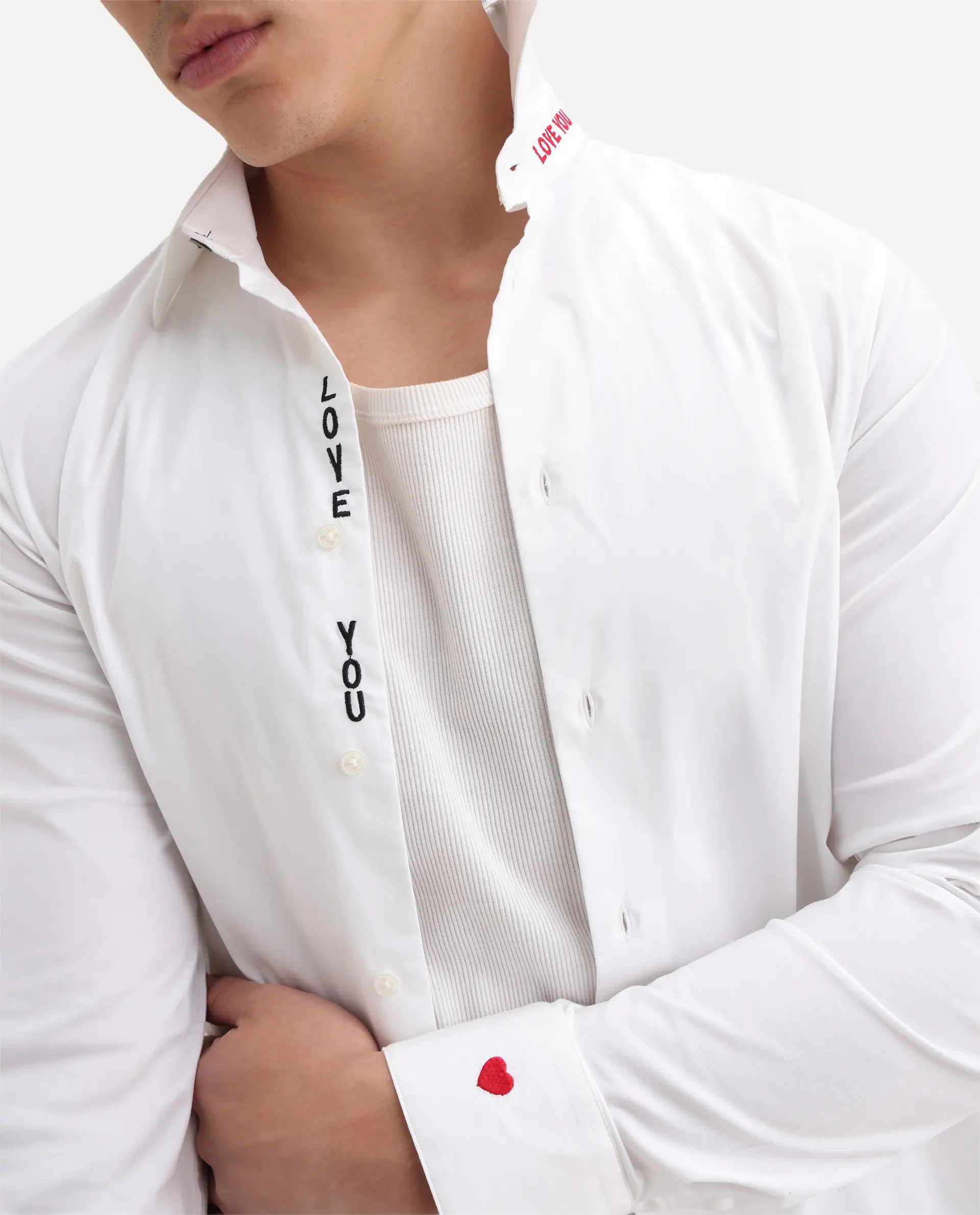 Rare Rabbit Men's I Love U White Cotton Embroidered Regular Fit Full Sleeve Collared Shirt