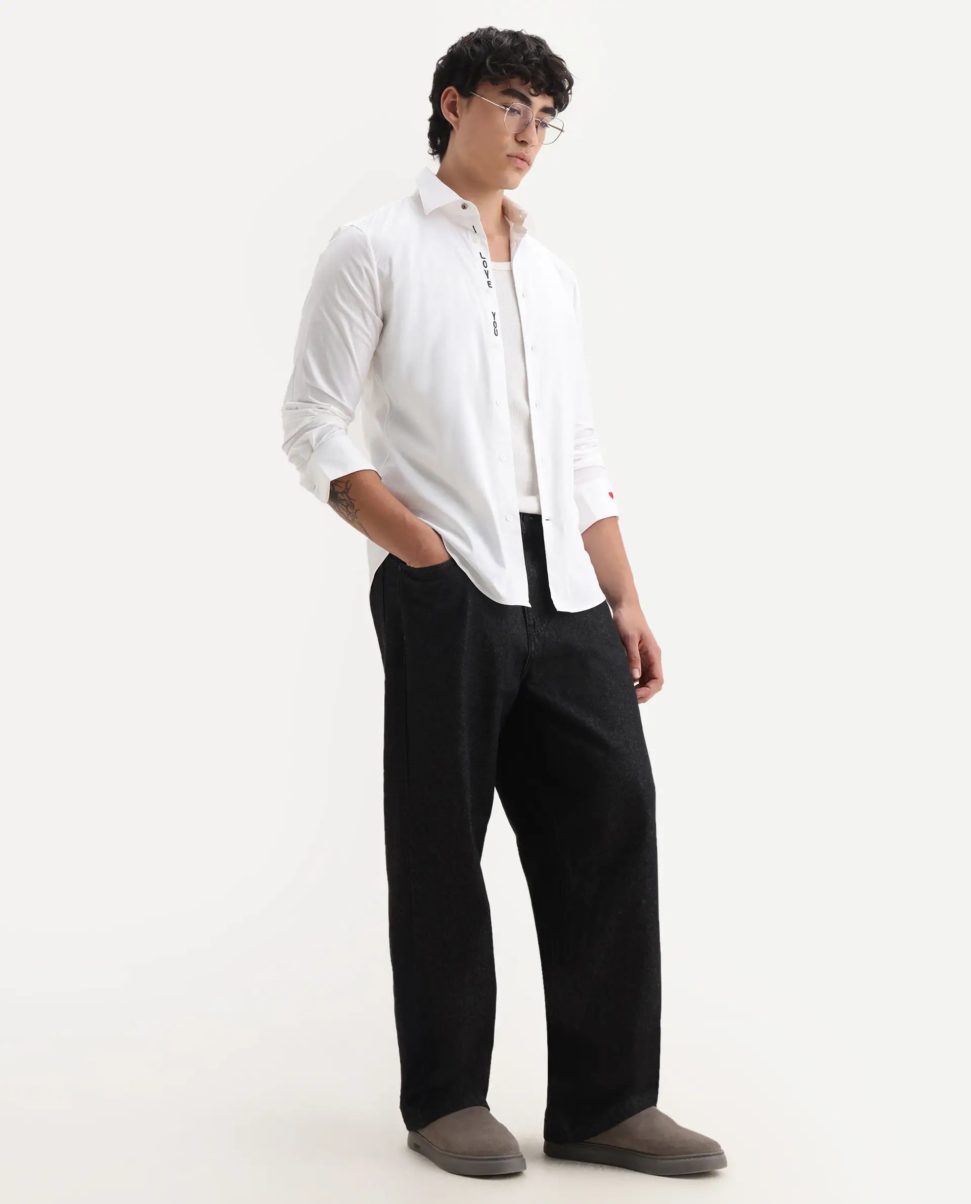 Rare Rabbit Men's I Love U White Cotton Embroidered Regular Fit Full Sleeve Collared Shirt