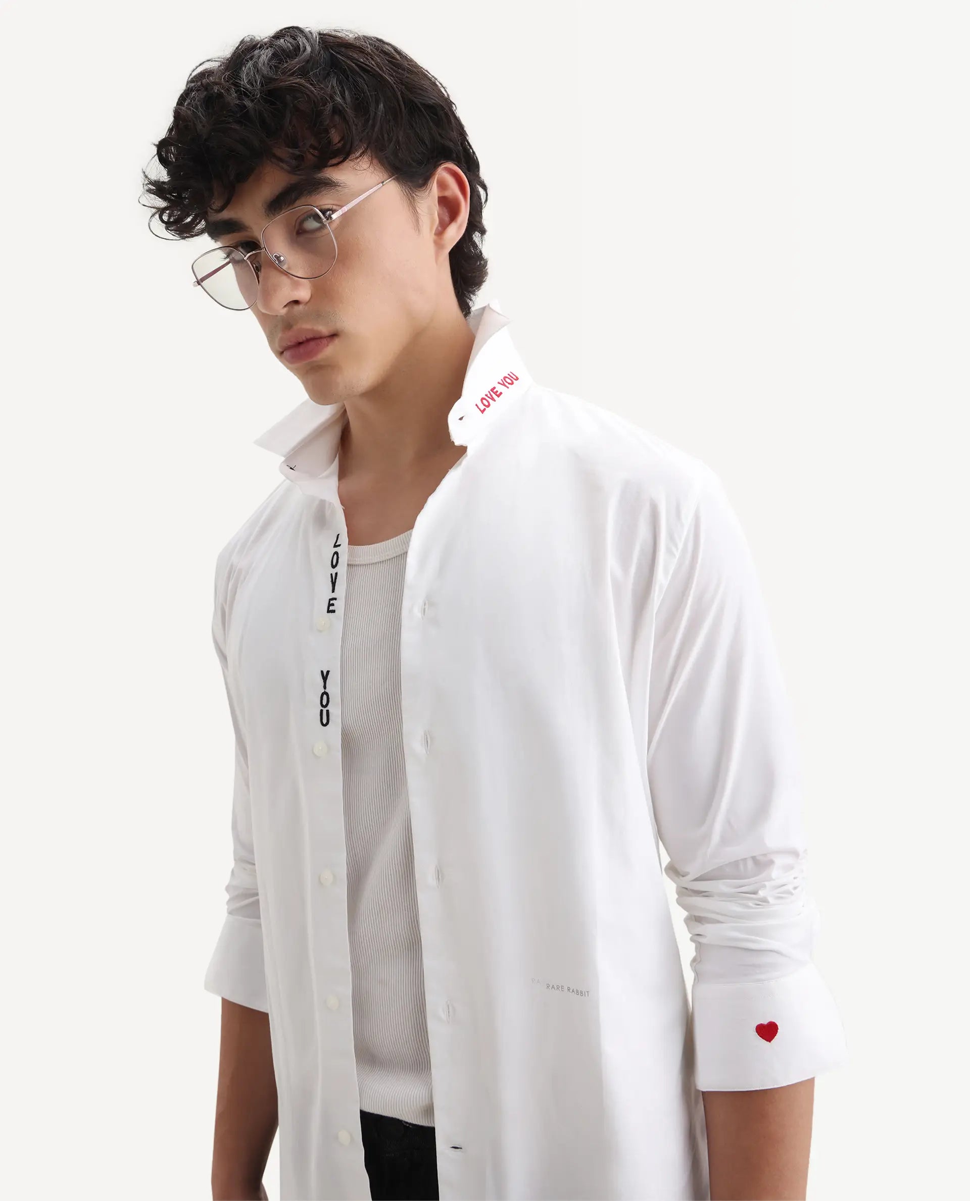 Rare Rabbit Men's I Love U White Cotton Embroidered Regular Fit Full Sleeve Collared Shirt