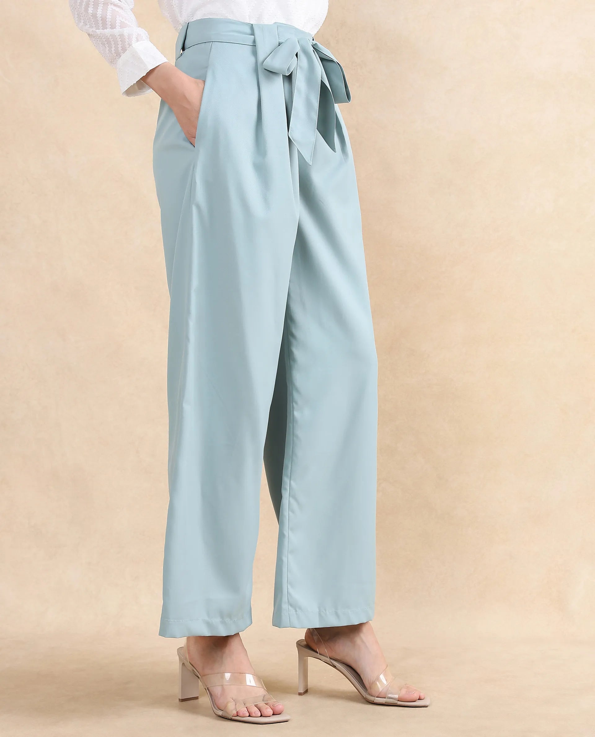 Rareism Women Imany Light Teal Polyester Viscose Fabric Zipper Closure Wide Fit Ankle Length Plain Trouser