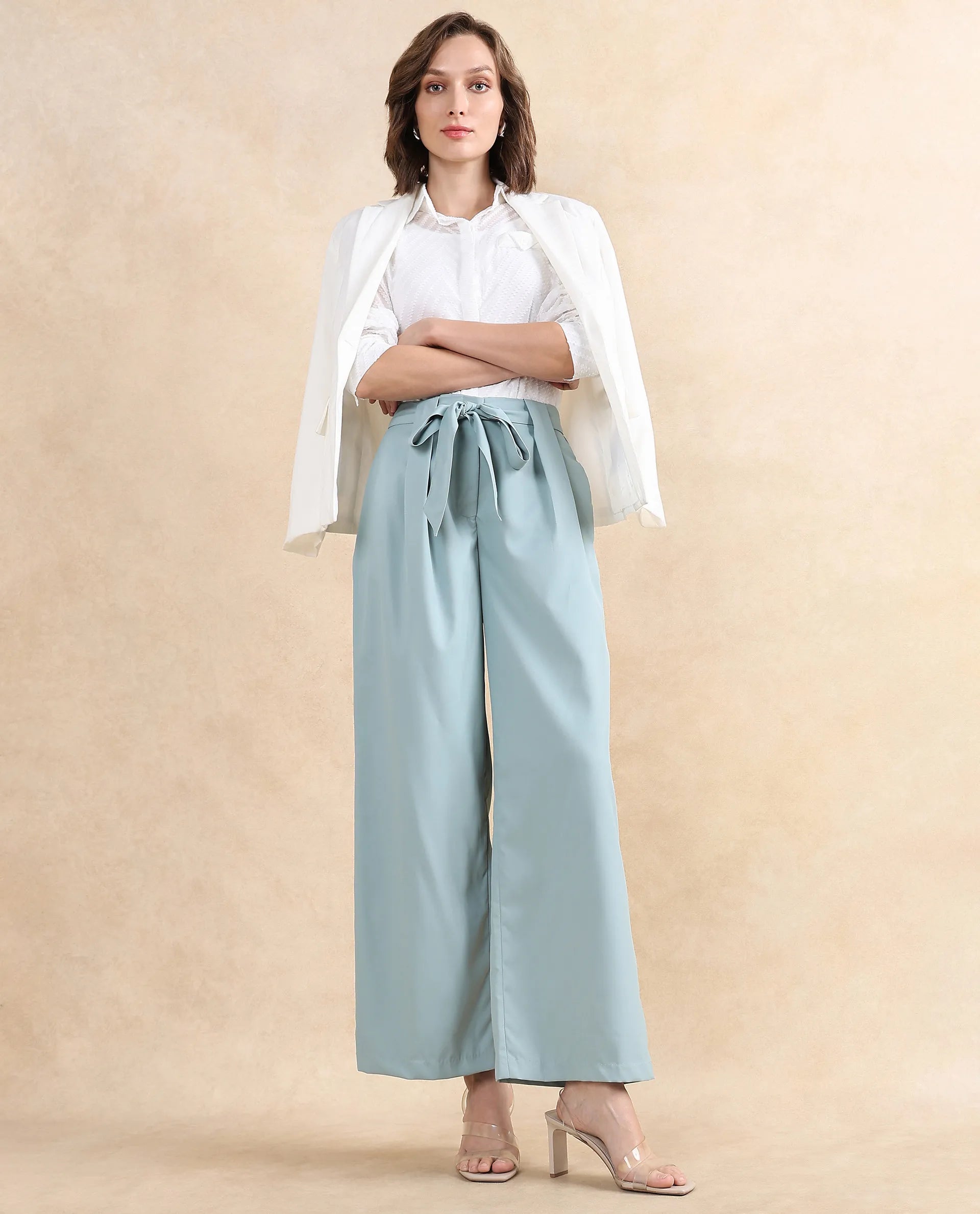 Rareism Women Imany Light Teal Polyester Viscose Fabric Zipper Closure Wide Fit Ankle Length Plain Trouser