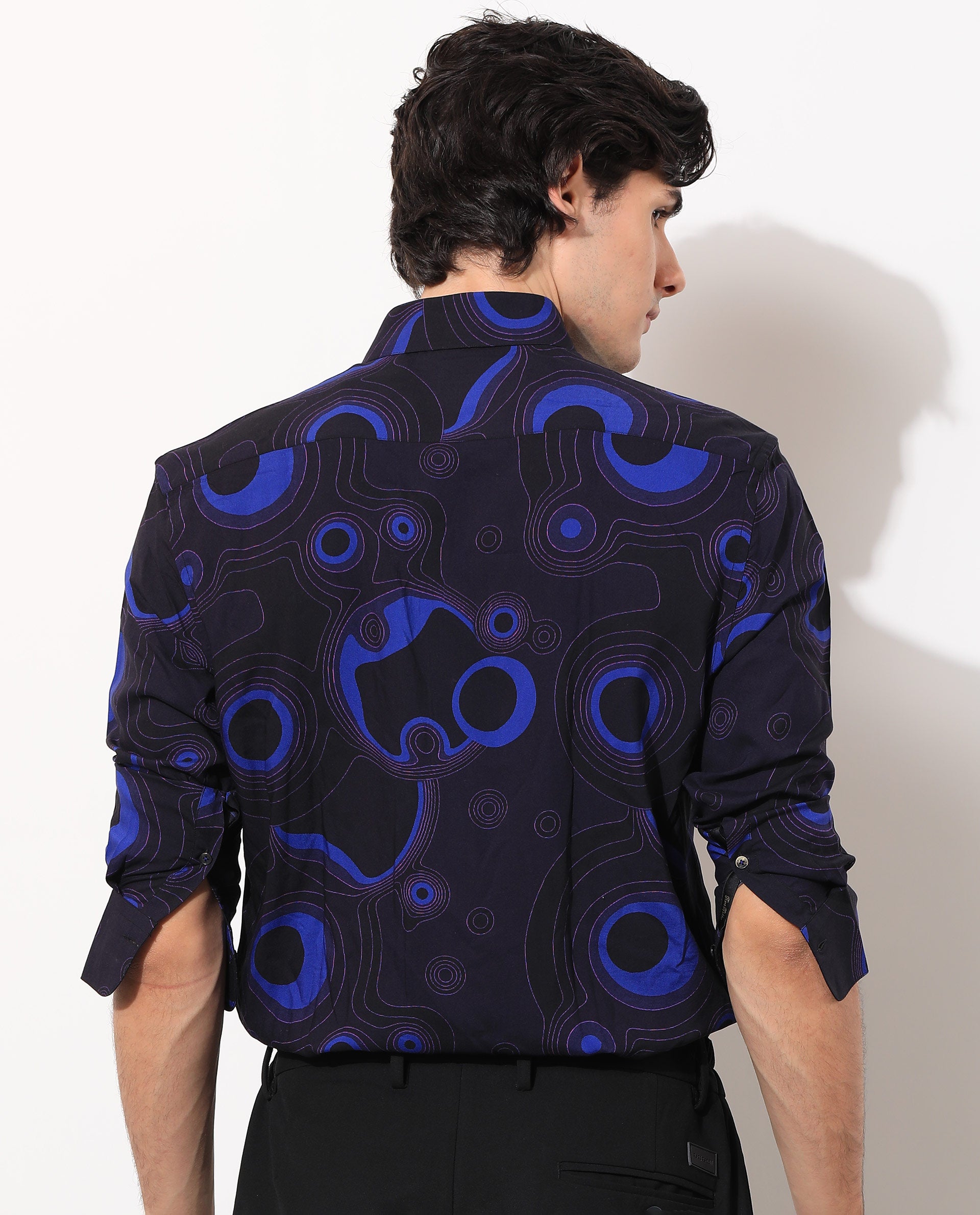 Rare Rabbit Men's Inlet Navy Viscose Fabric Abstract Print Full Sleeves Shirt
