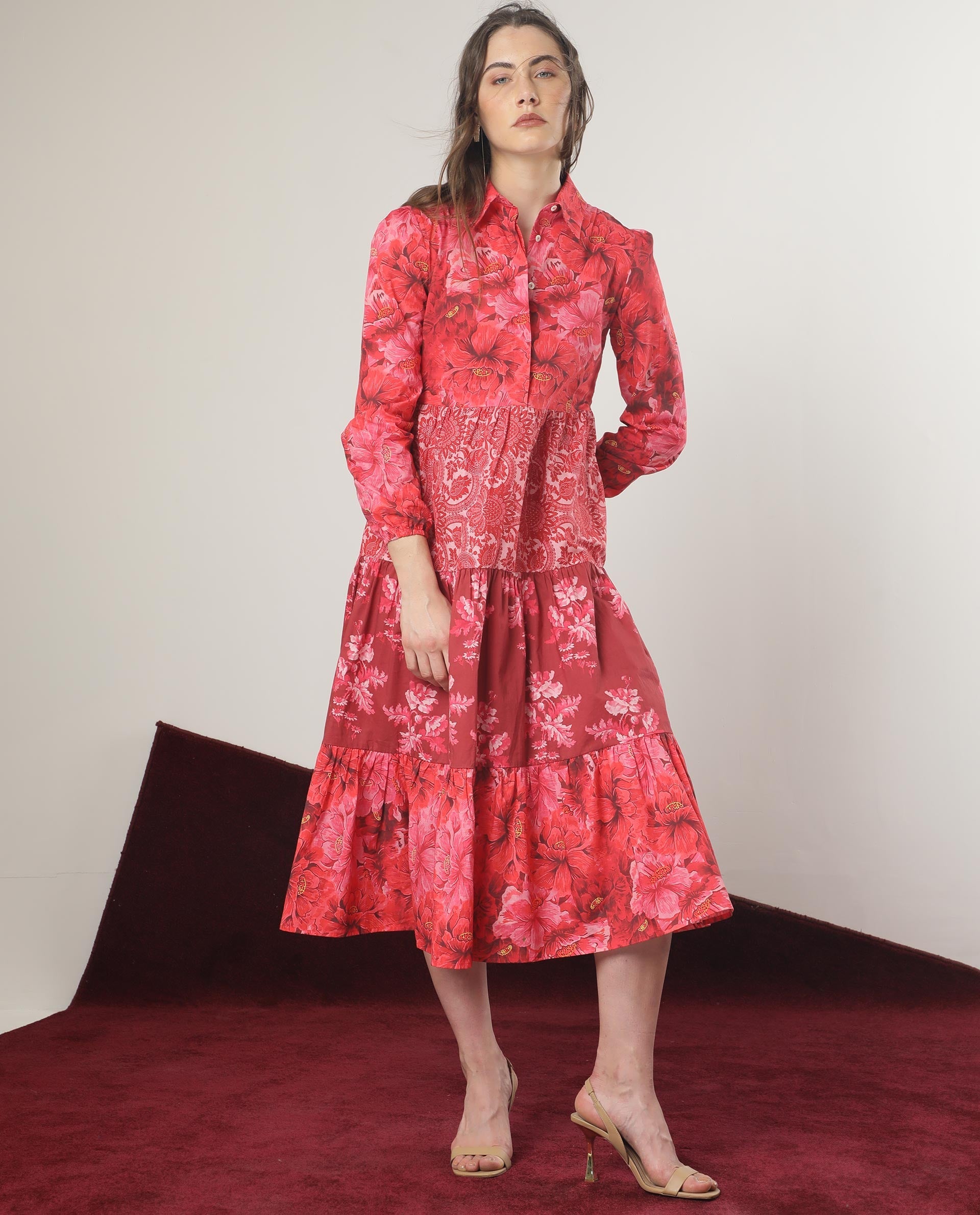 Rareism Women Ixora Maroon Cotton Fabric Full Sleeves Button Closure Shirt Collar Regular Fit Floral Print Knee Length Tiered Dress