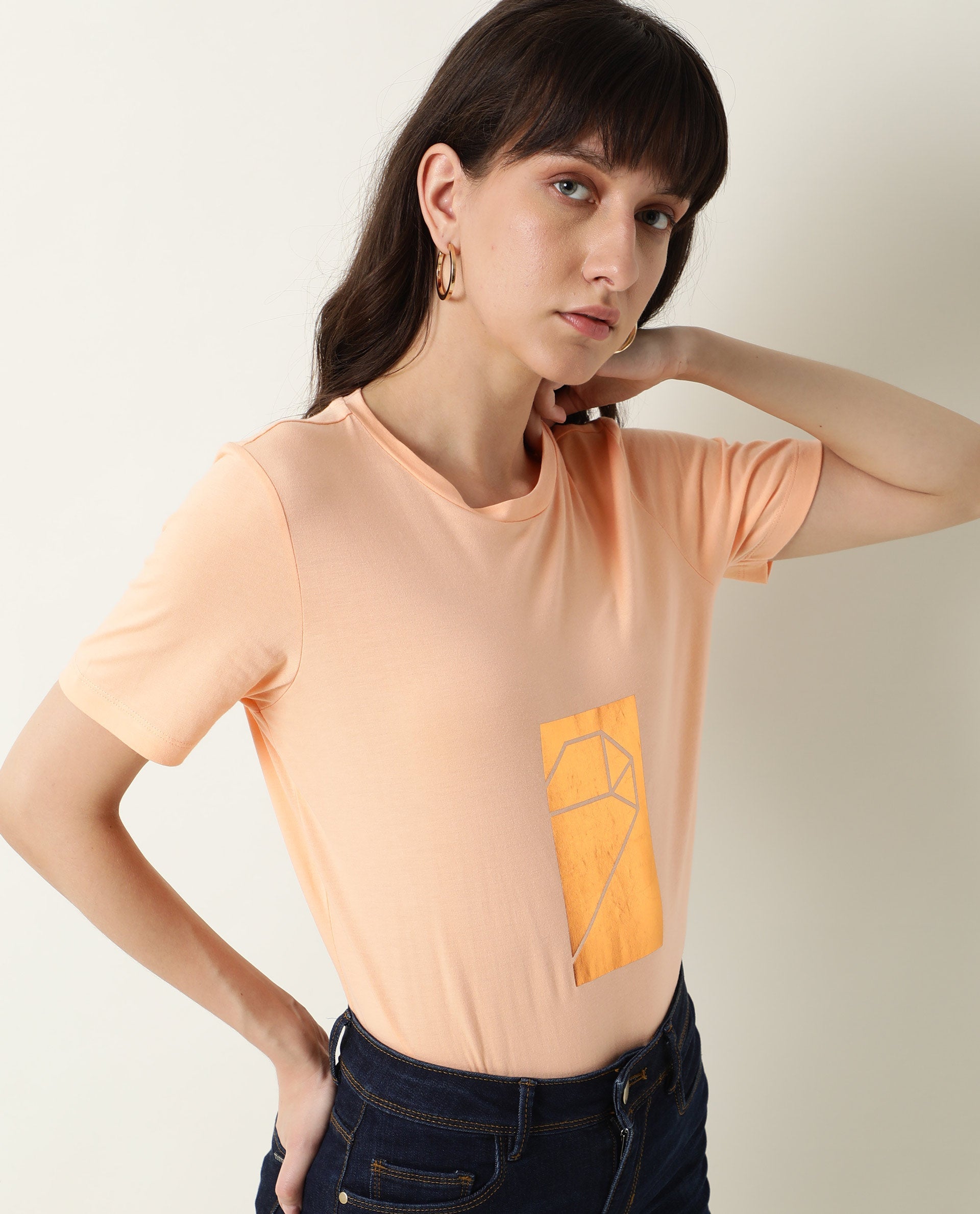 Rareism Women Gulf Light Peach Cotton Fabric Regular Fit Half Sleeves Graphic Print Crew Neck T-Shirt