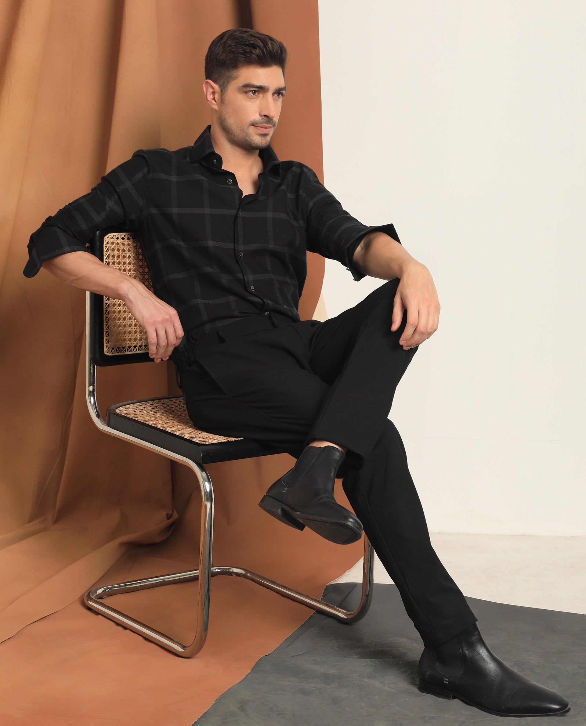 Rare Rabbit Men's Nielson Black Cotton Fabric Full Sleeves Checks Shirt