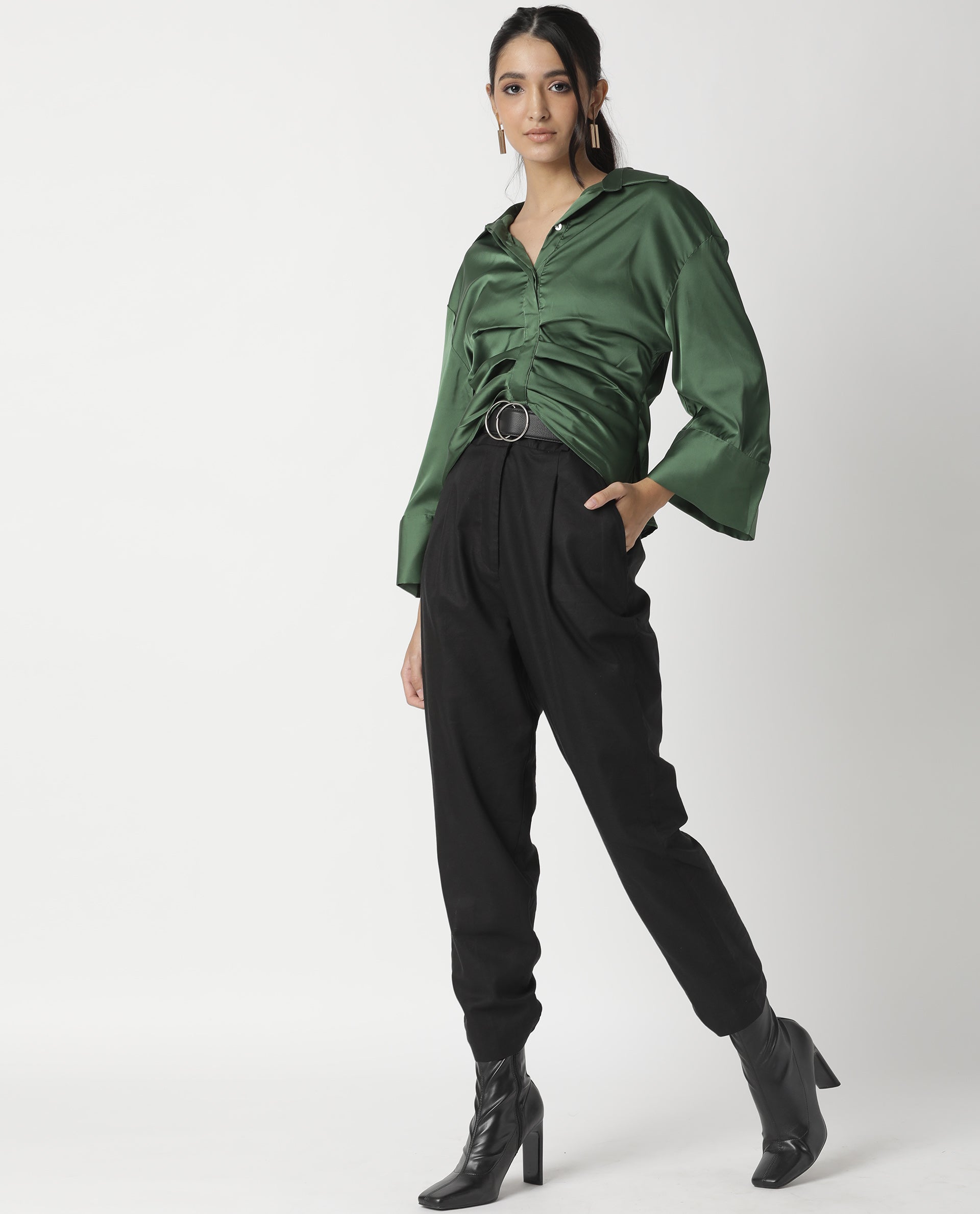 Rareism Womens Zomat Green Top Modal Fabric Regular Fit Bell Sleeves Collared Neck