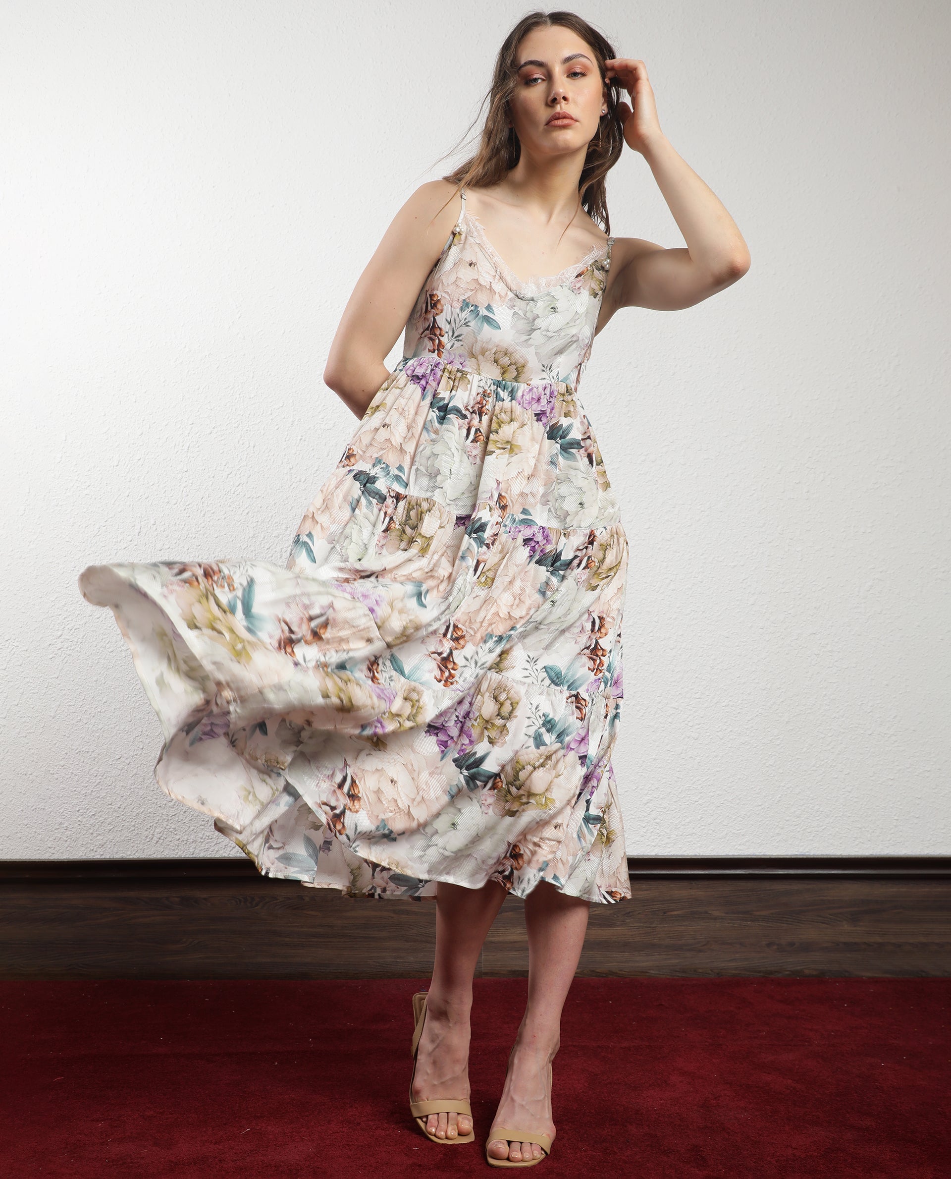 Rareism Women Joanna Multi Cotton Fabric Sleeveless V-Neck Shoulder Straps Regular Fit Floral Print Midi Tiered Dress