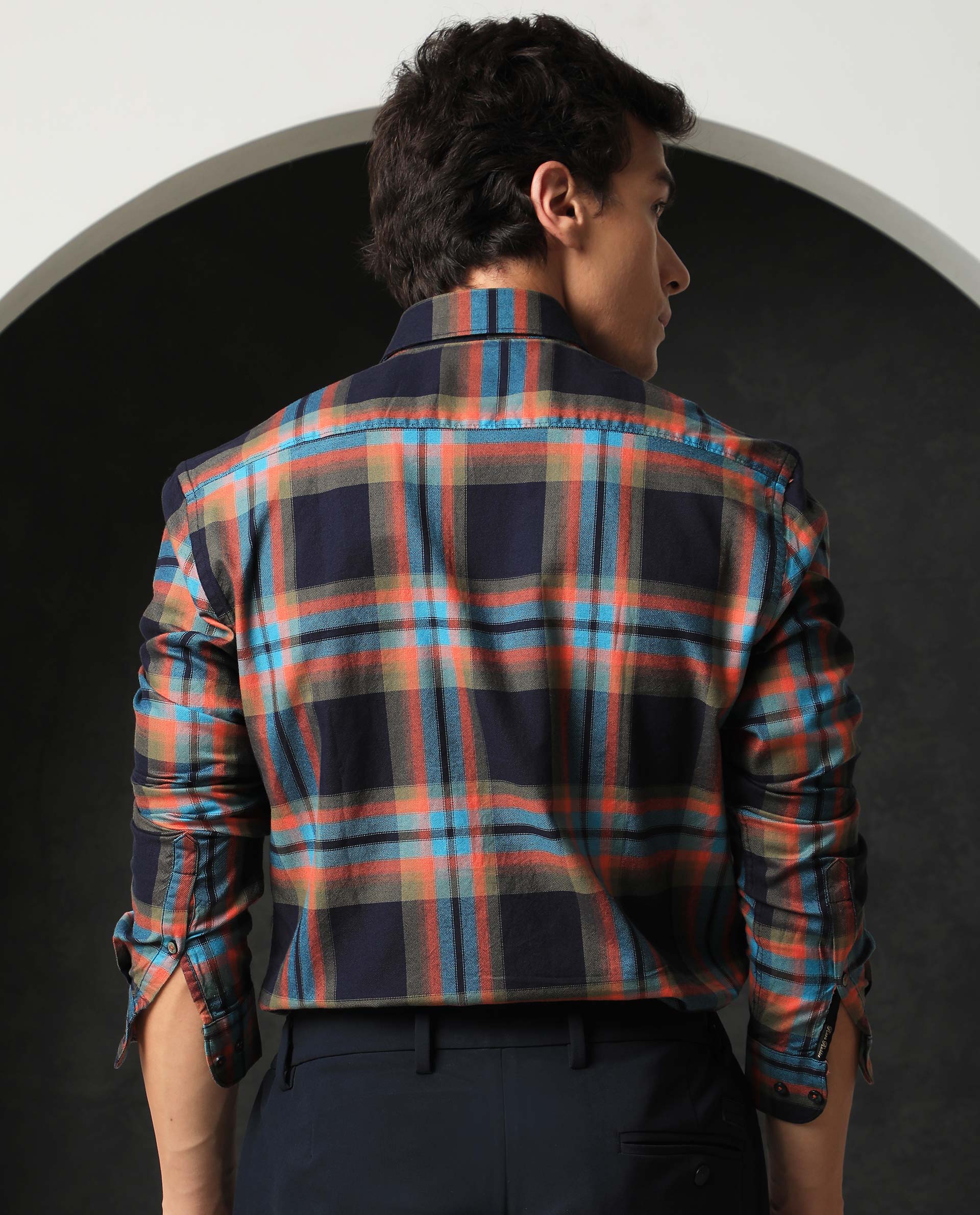 Rare Rabbit Men's Daneils Navy Cotton Fabric Full Sleeves Checks Shirt