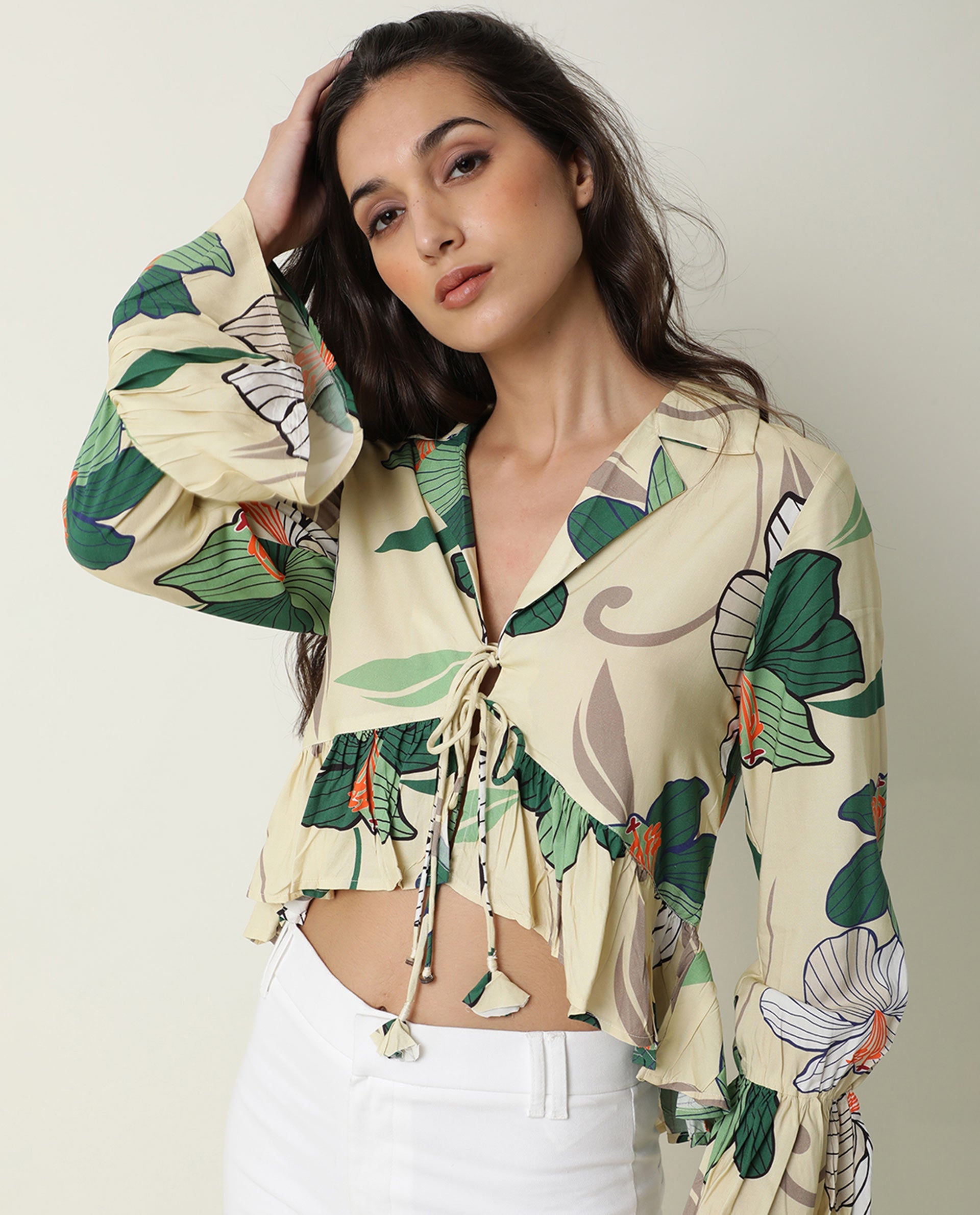 Rareism Women Tena Off White Viscose Fabric Full Sleeves Floral Print Lapel Neck Knee Length Shrug