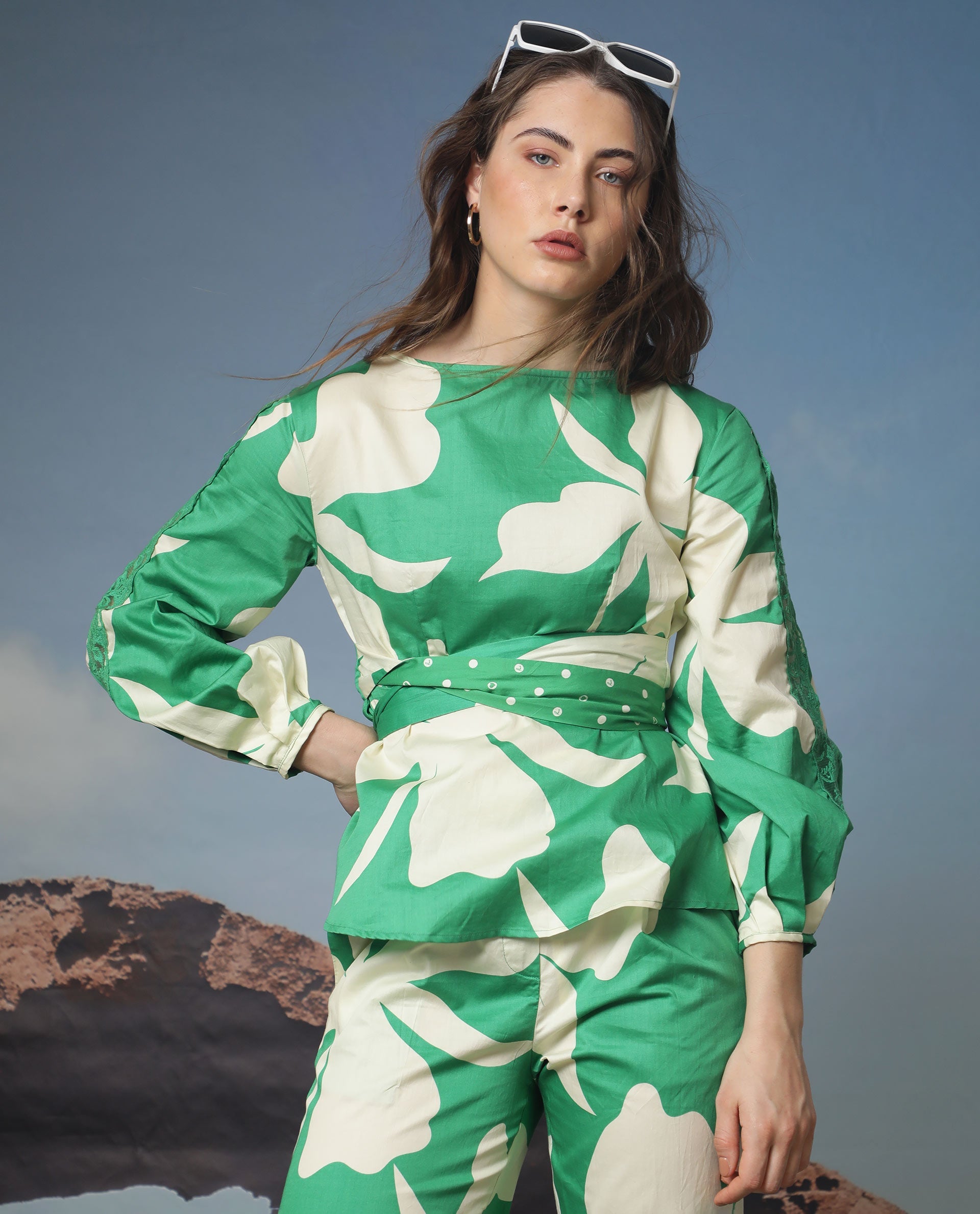 Rareism Women Sloane Green Top Cotton Fabric Full Sleeves Print
