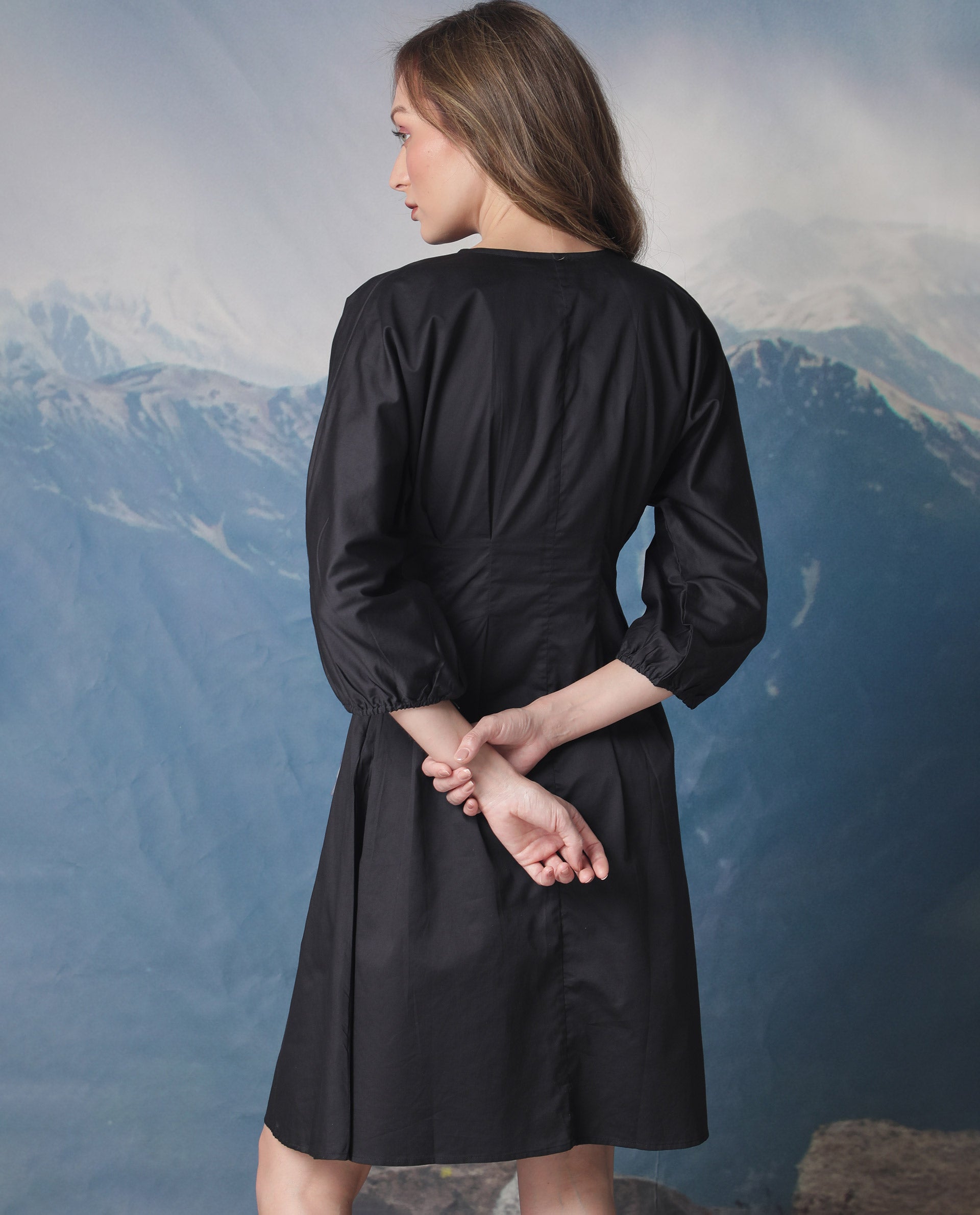 Rareism Women's Mayem Black Cotton Fabric Crew Neck Zipper Closure Volume Sleeve Plain Fit And Flare Knee Length Dress