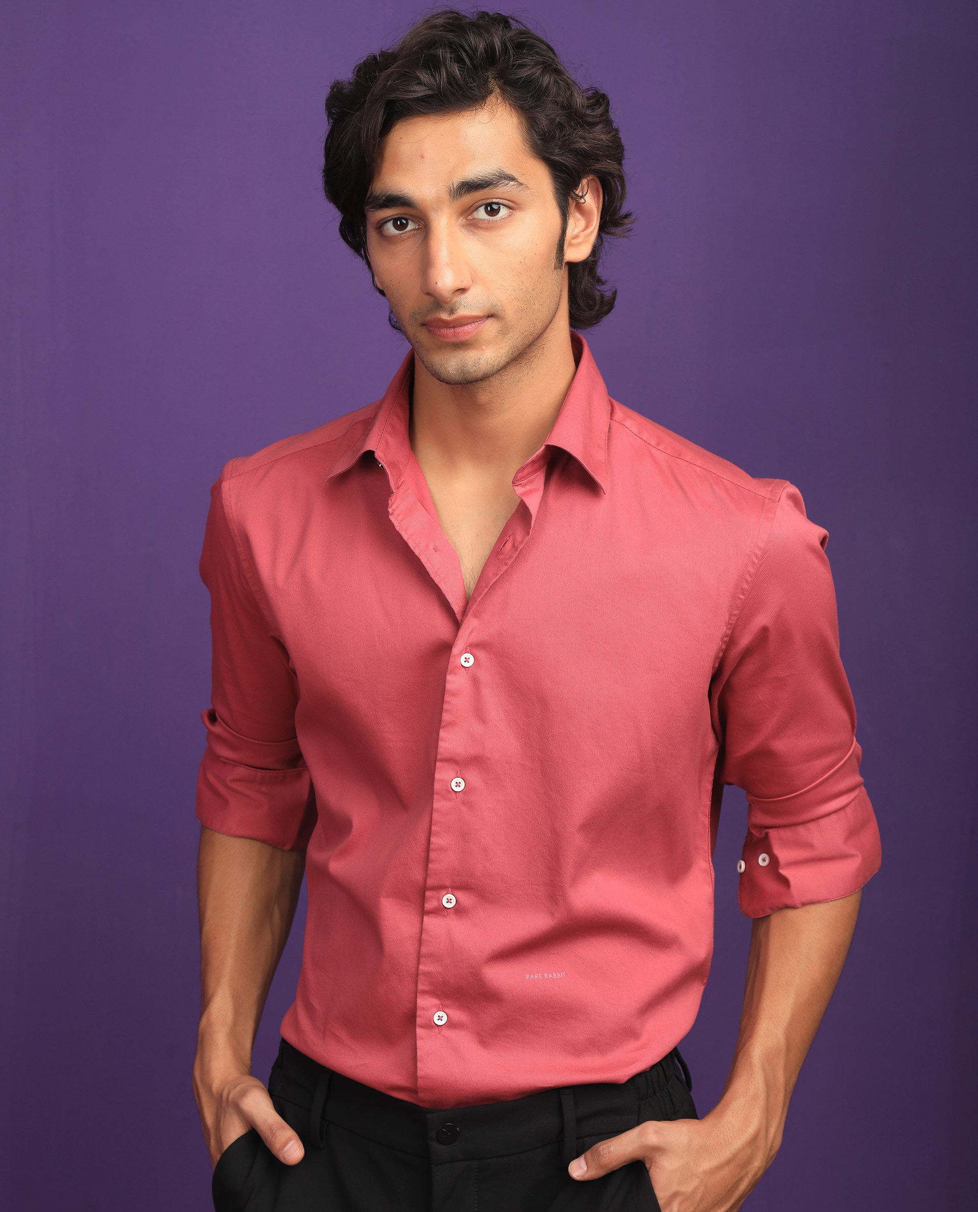 Rare Rabbit Mens Molde Dark Pink Cotton Fabric Full Sleeves Satin Shirt