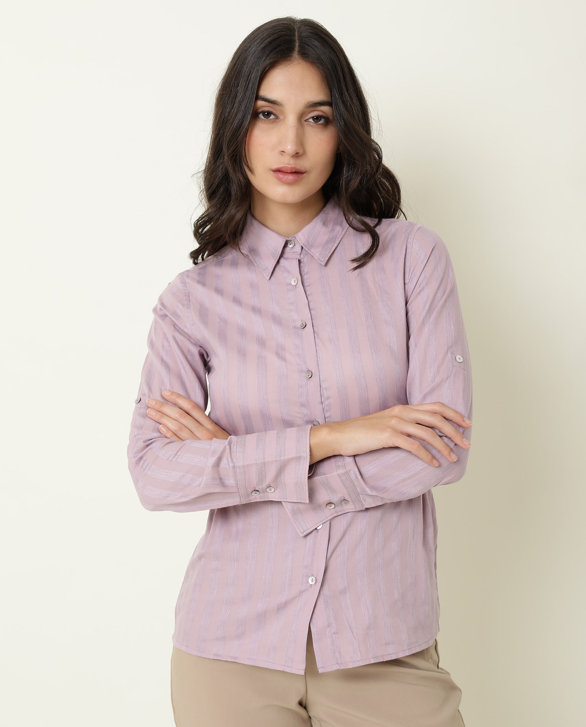 Rareism Women Pickle Pink Cotton Fabric Regular Fit Shirt Collar Full Sleeves Striped Top