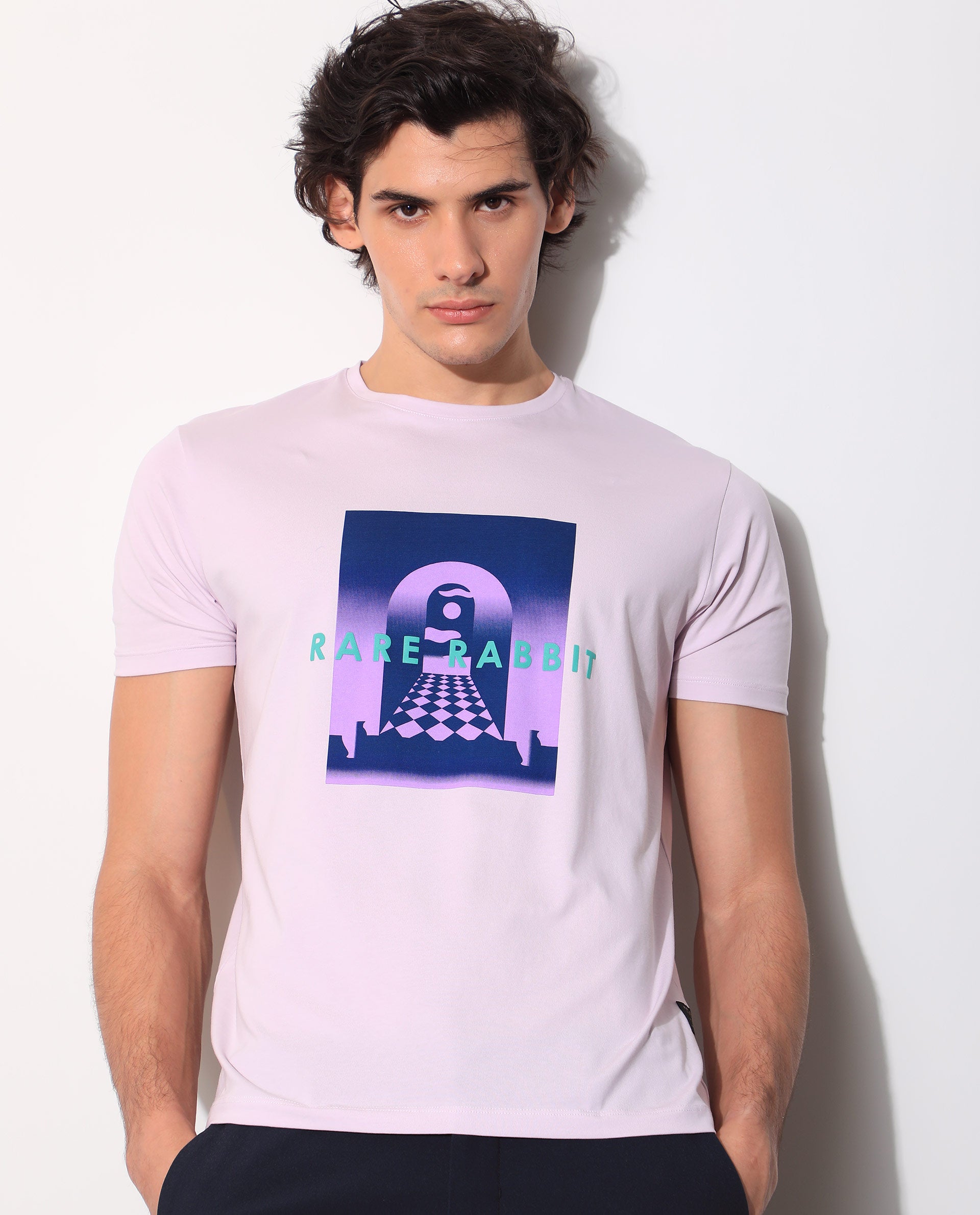 Rare Rabbit Men's Rives Pastel Purple Crew Neck Discharge and HD Print Branding Half Sleeves Slim Fit T-Shirt