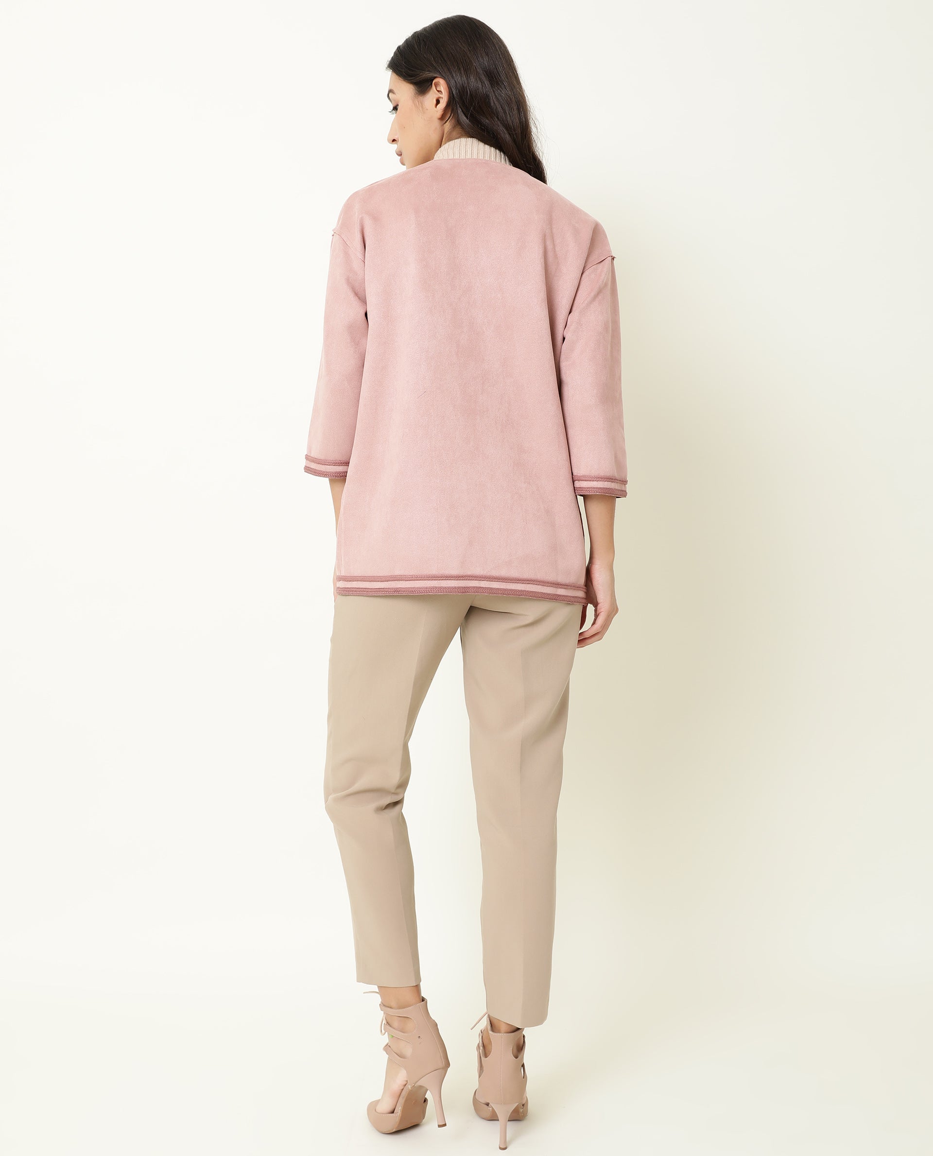 Rareism Women Square Dark Pink Polyester Fabric 3/4Th Sleeves Solid Boat Neck Jacket