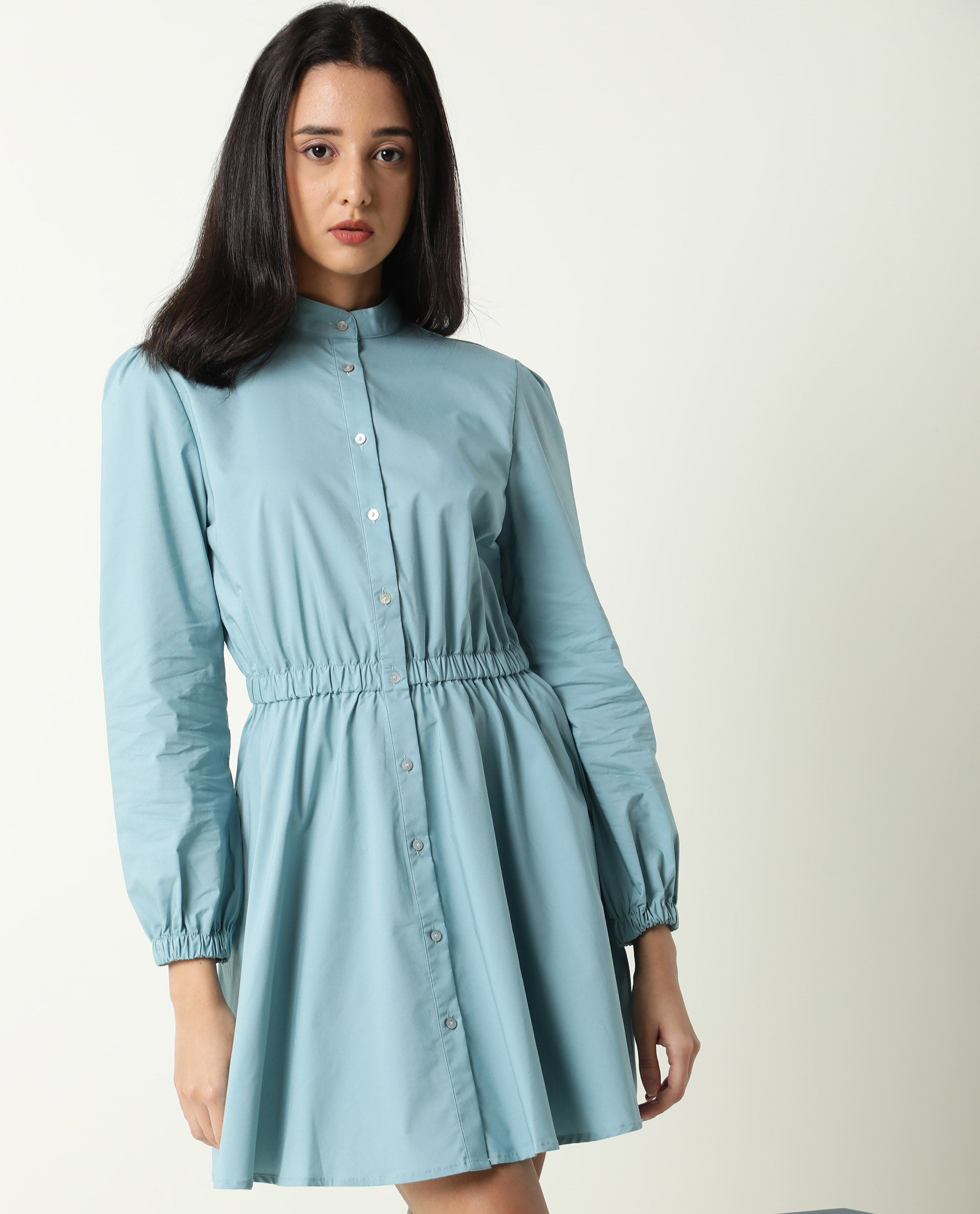 Rareism Women Darla Blue Mandarin Collar Full Front Button Closure Placket With Full Sleeves And Pocket Mini Dress