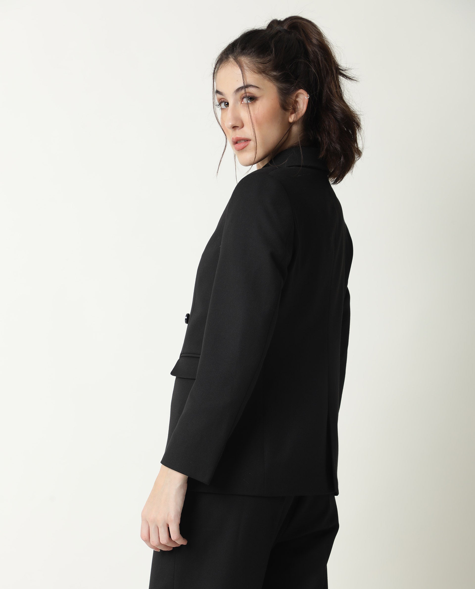 Rareism Womens Yara Black Blazer Poly Viscose Elastane Fabric Regular Fit Full Sleeve Lapel Neck