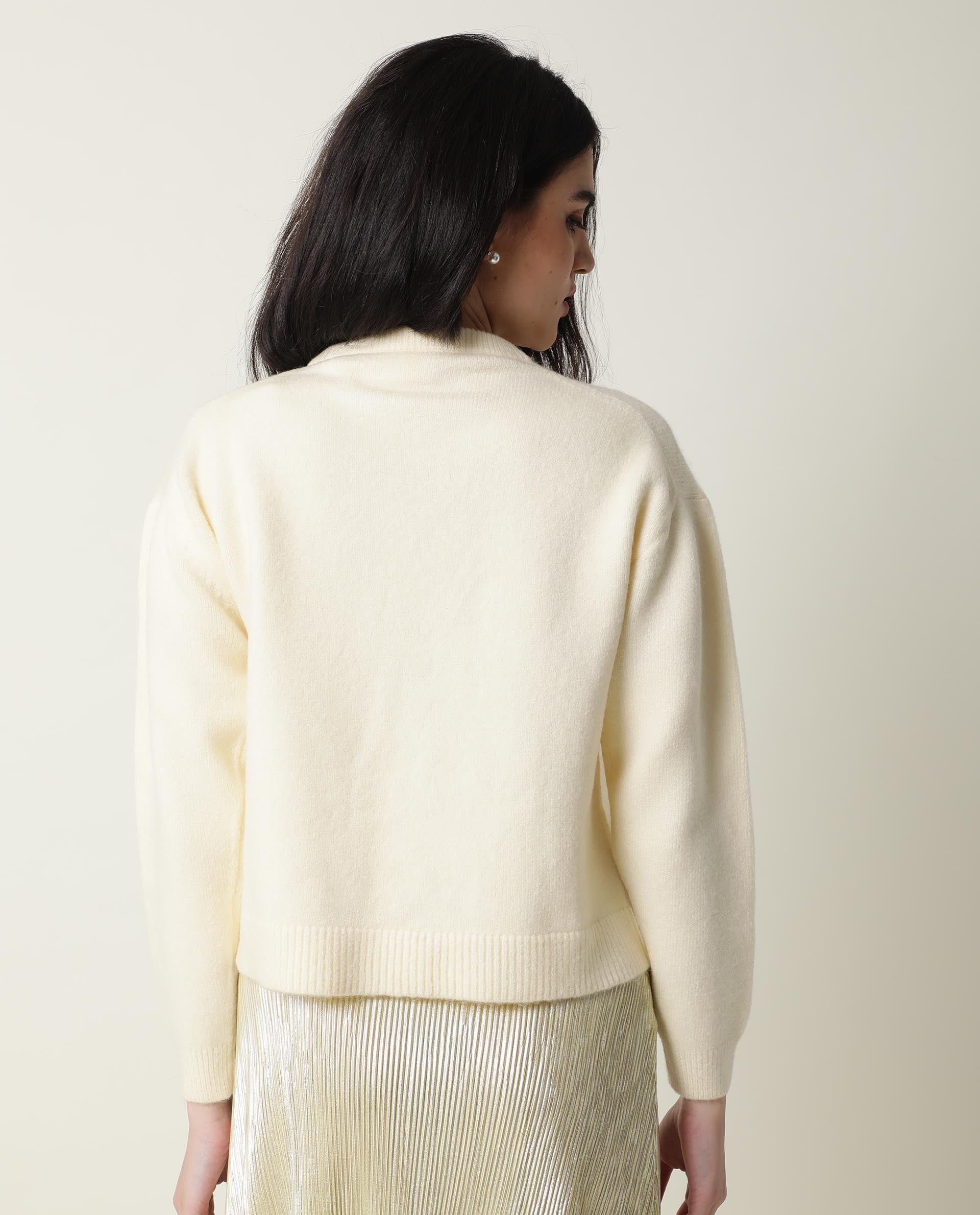 Rareism Women Tulsy Off White Acrylic Fabric Full Sleeves Knee Length Regular Fit Sequined Round Neck Sweater