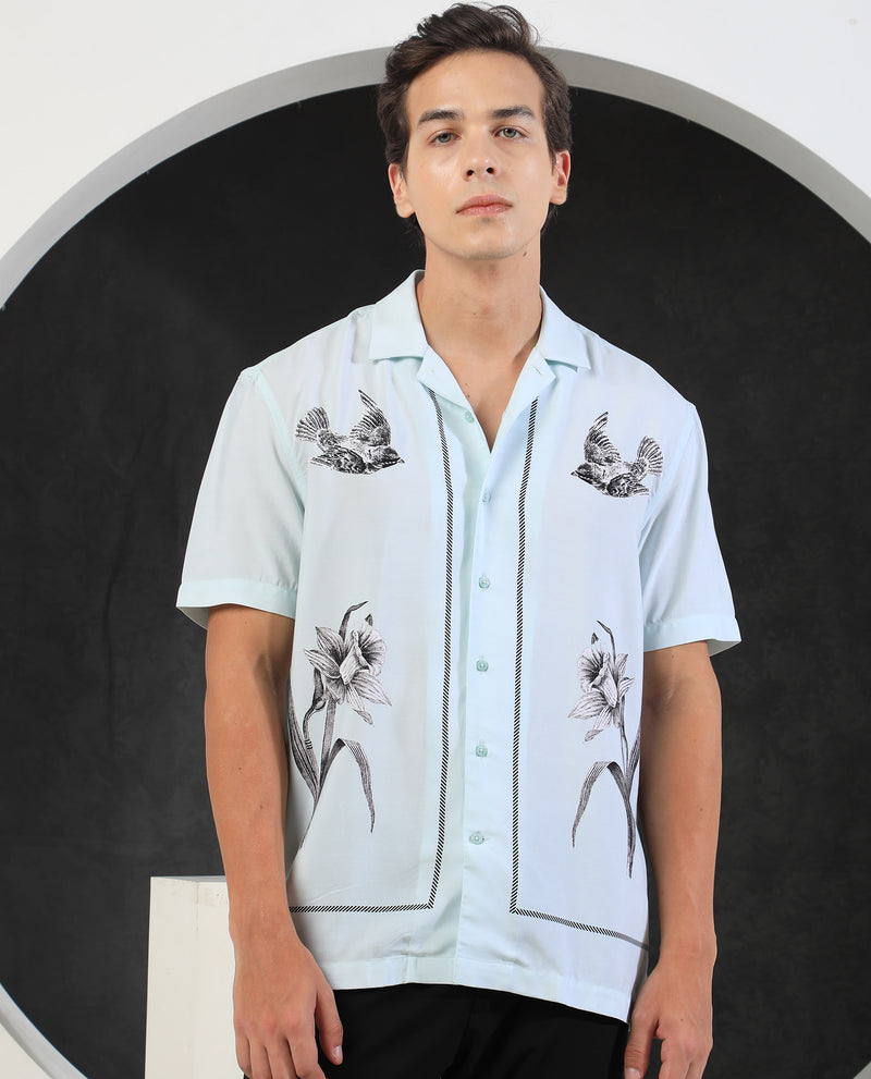 Rare Rabbit Men's Nicaro Turq Viscose Fabric Floral Print Half Sleeves Shirt