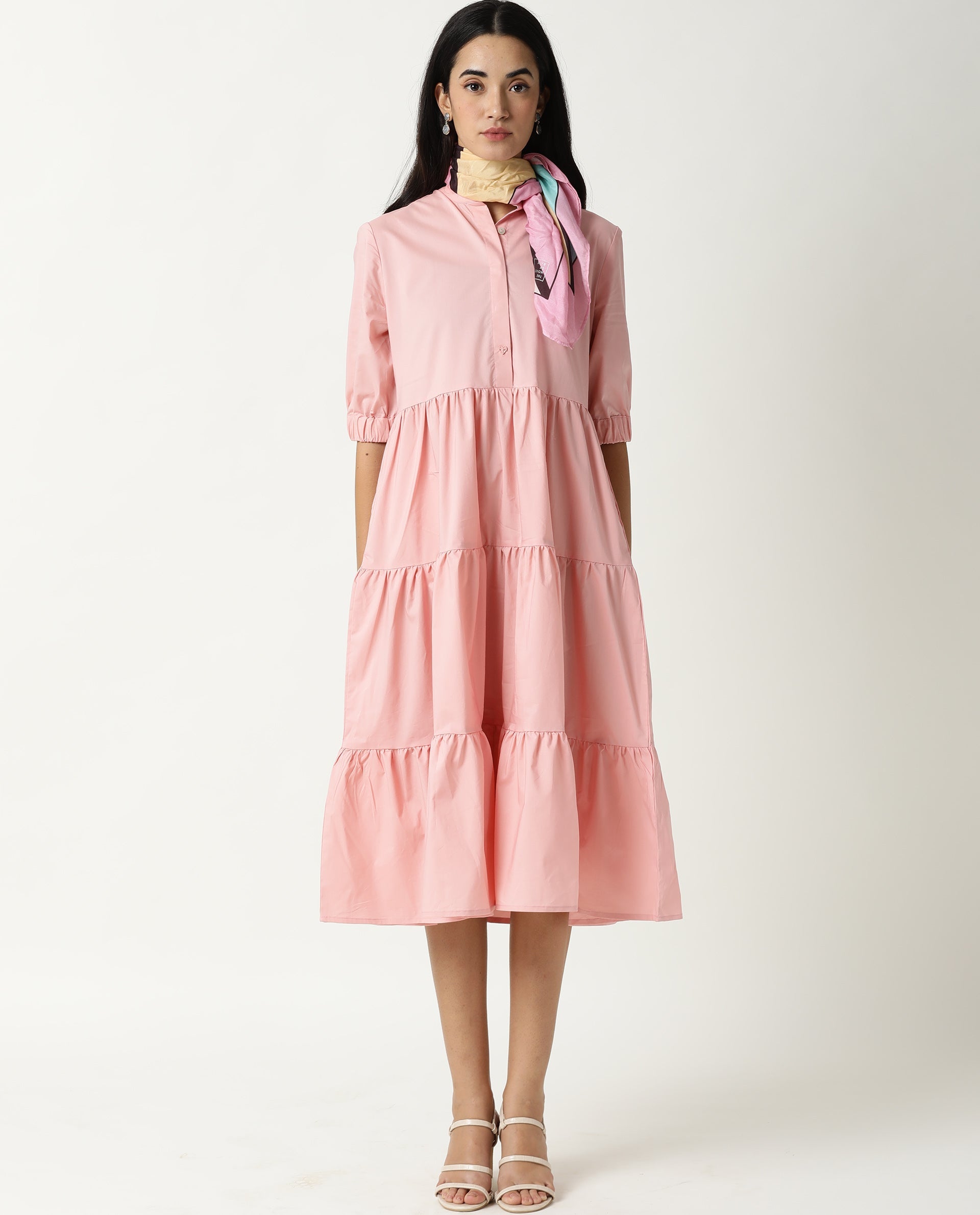 Rareism Women Alena Pink Mandarin Collar 3/4 Sleeves With Pocket Tiered Knee Length Dress