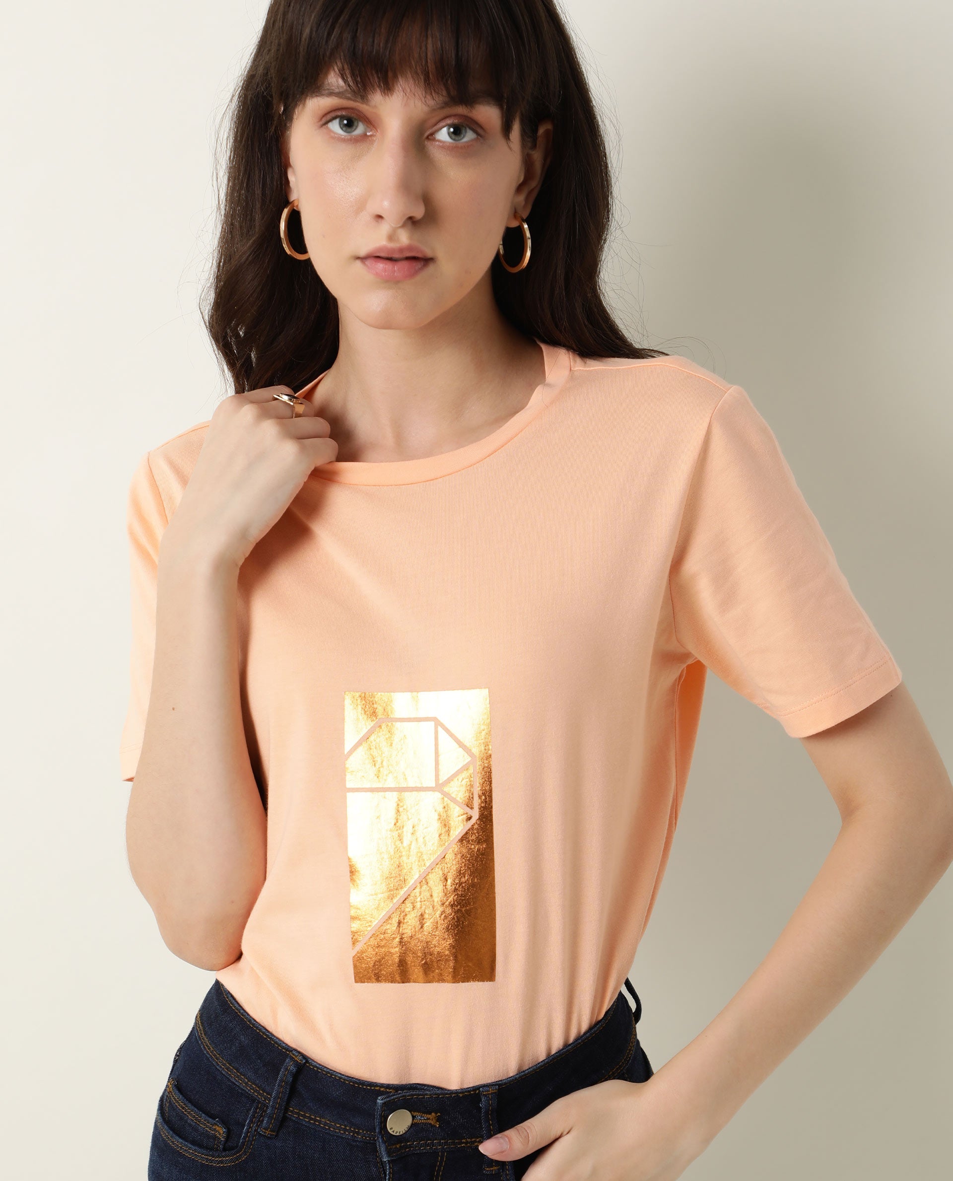 Rareism Women Gulf Light Peach Cotton Fabric Regular Fit Half Sleeves Graphic Print Crew Neck T-Shirt