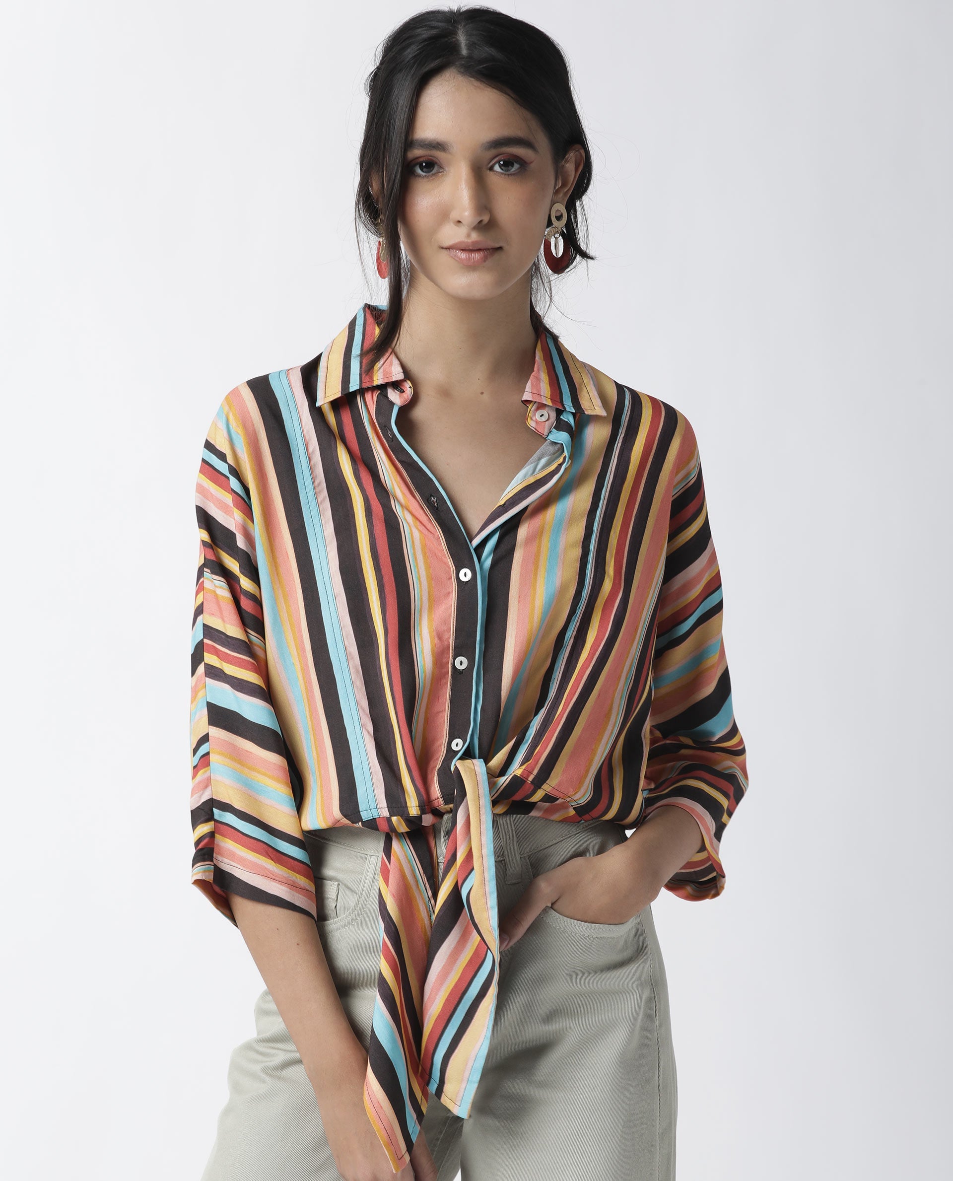 Rareism Womens Drumroll Multi Top Viscose Fabric Regular Fit 3/4 Sleeve Collared Neck