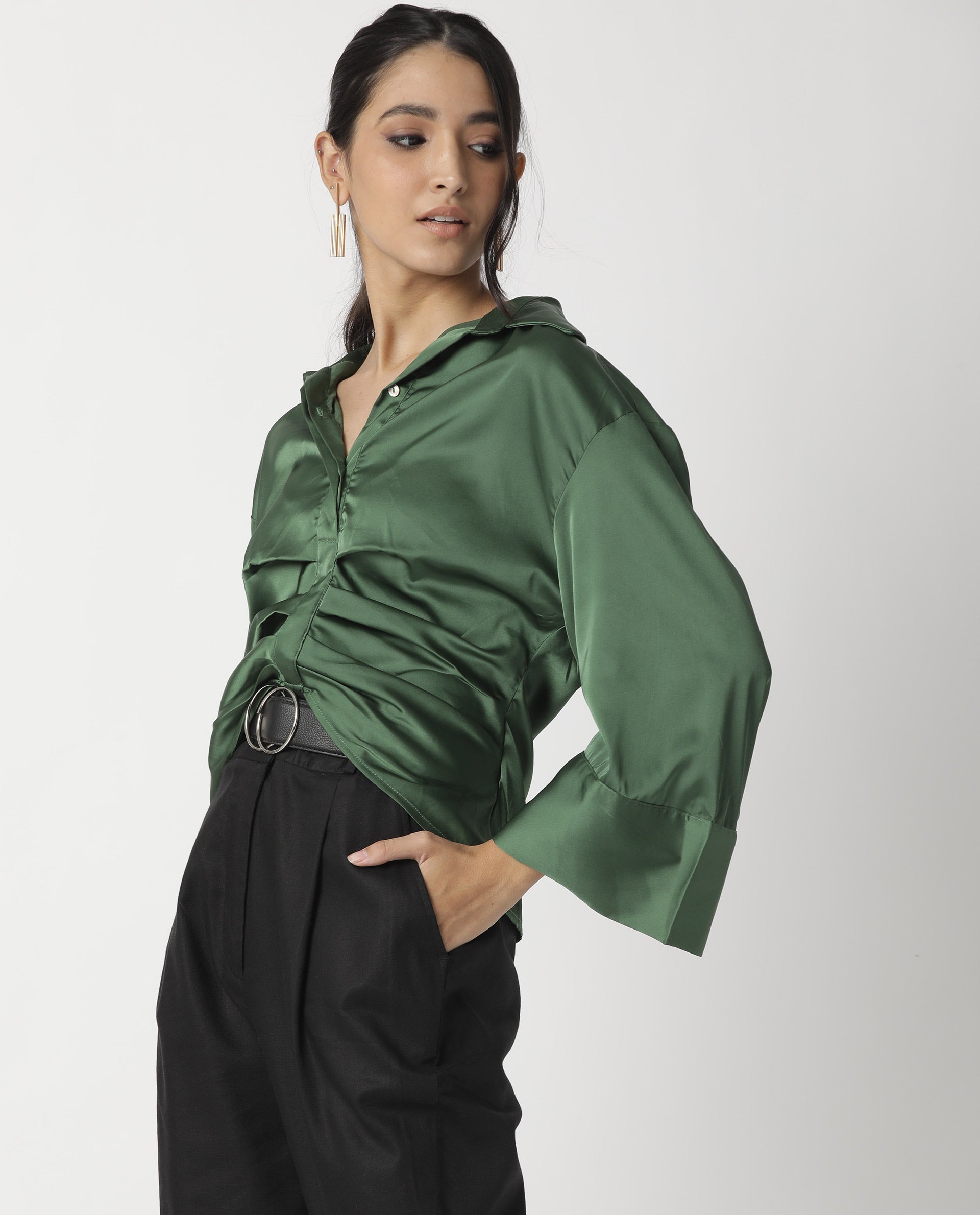 Rareism Womens Zomat Green Top Modal Fabric Regular Fit Bell Sleeves Collared Neck