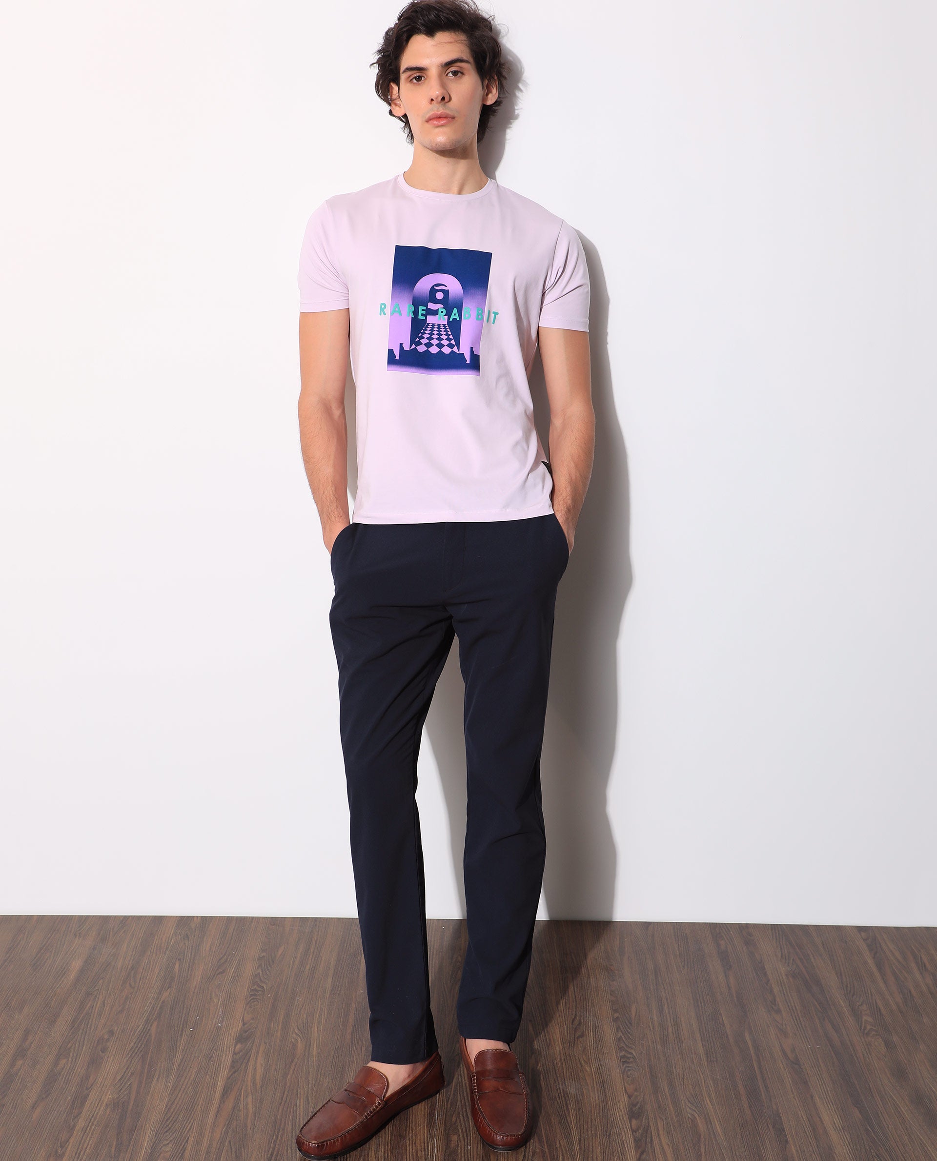 Rare Rabbit Men's Rives Pastel Purple Crew Neck Discharge and HD Print Branding Half Sleeves Slim Fit T-Shirt