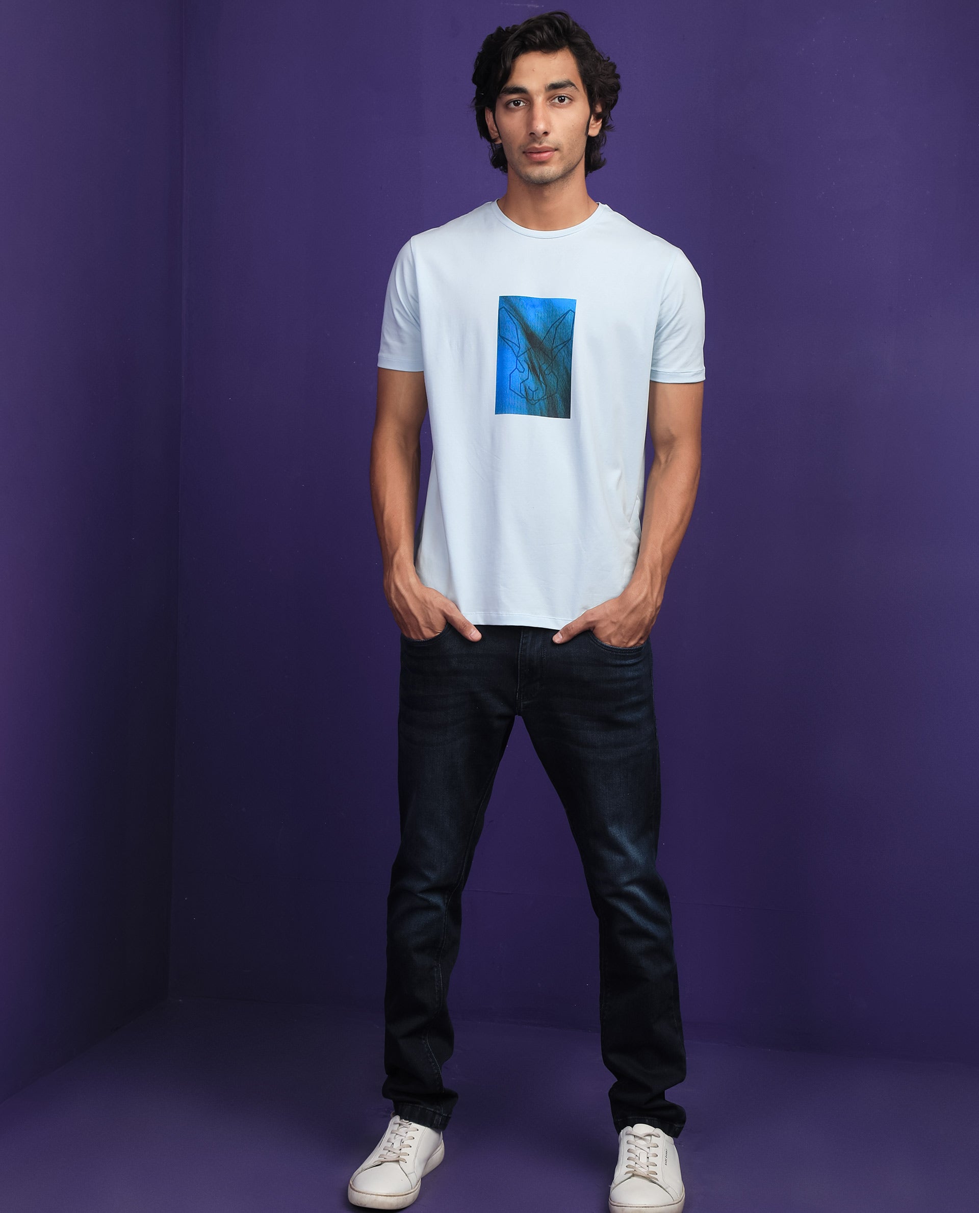 Rare Rabbit Men's Emine Light Blue Crew Neck Discharge Graphic Printed Half Sleeves Slim Fit T-Shirt