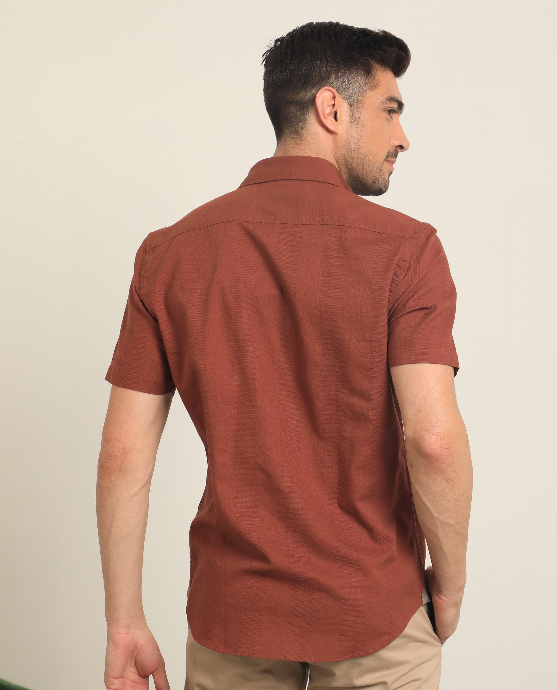 Rare Rabbit Men's Matto Rust Cotton Fabric Short Sleeve Regular Fit Self Stripe Dobby Shirt