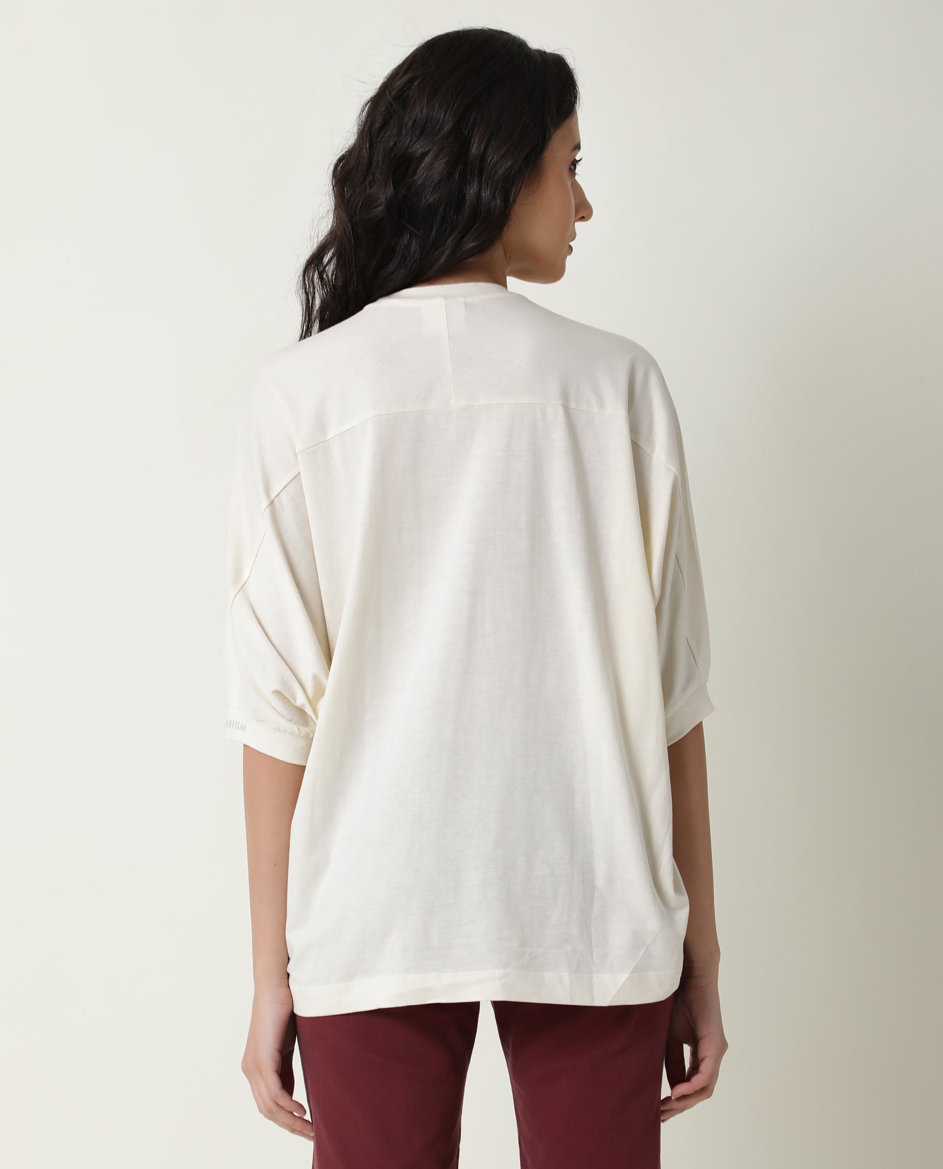Rareism Women Osmo Off White Cotton Fabric Relaxed Fit Round Neck 3/4Th Sleeves Solid Top