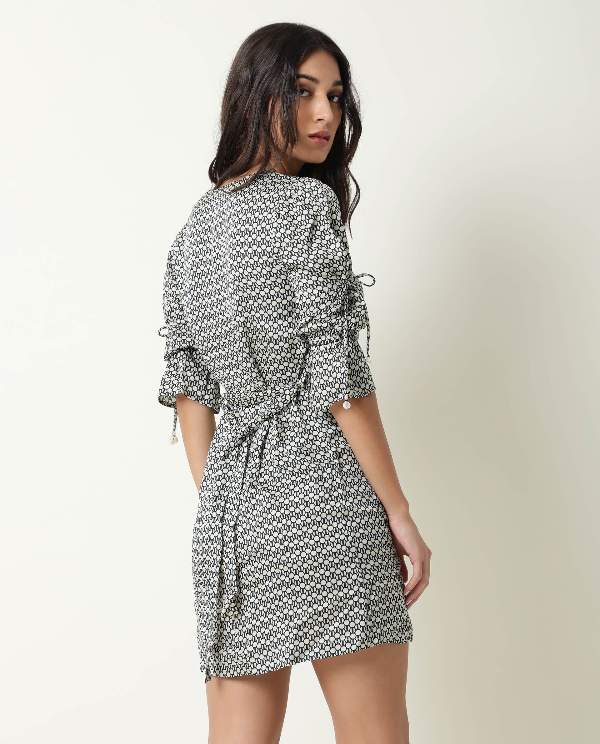 Rareism Women Cecilia Beige Geometric Print V Neck Short Sleeves With Drawstring Mini Dress