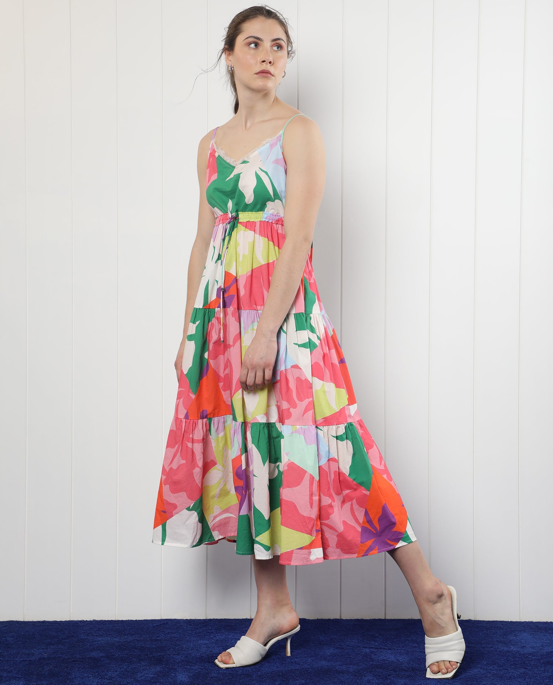 Rareism Women Grace Multi Cotton Fabric Sleeveless V-Neck Shoulder Straps Regular Fit Floral Print Knee Length Tiered Dress