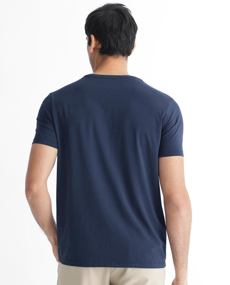 Rare Rabbit Men's Kos Navy Solid Crew Neck Chest Embroidered Label Branding Half Sleeves Regular Fit T-Shirt