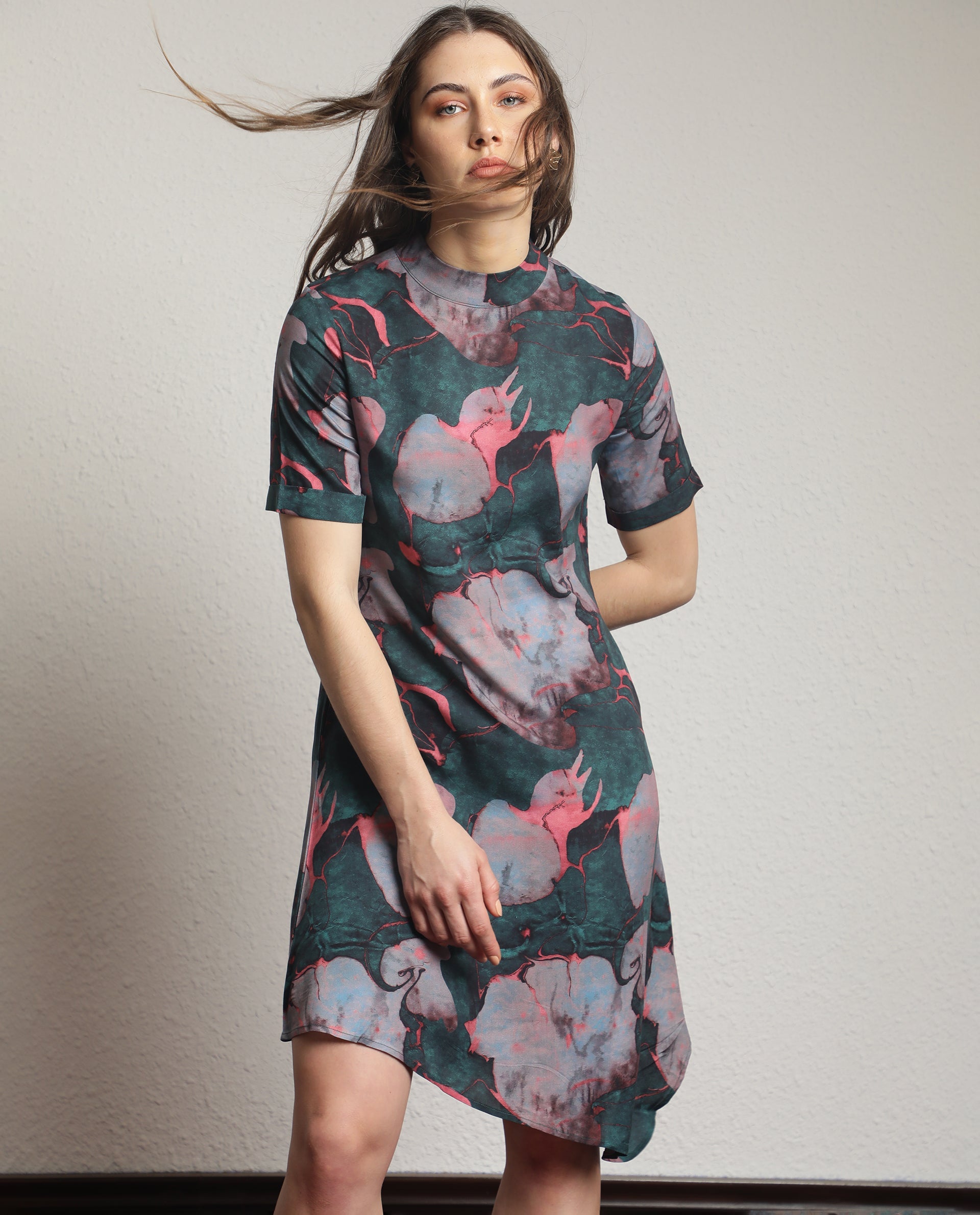 Rareism Women Calantha Multi Viscose Fabric Short Sleeves Zip Closure High Neck Regular Fit Floral Print Knee Length Asymmetric Dress