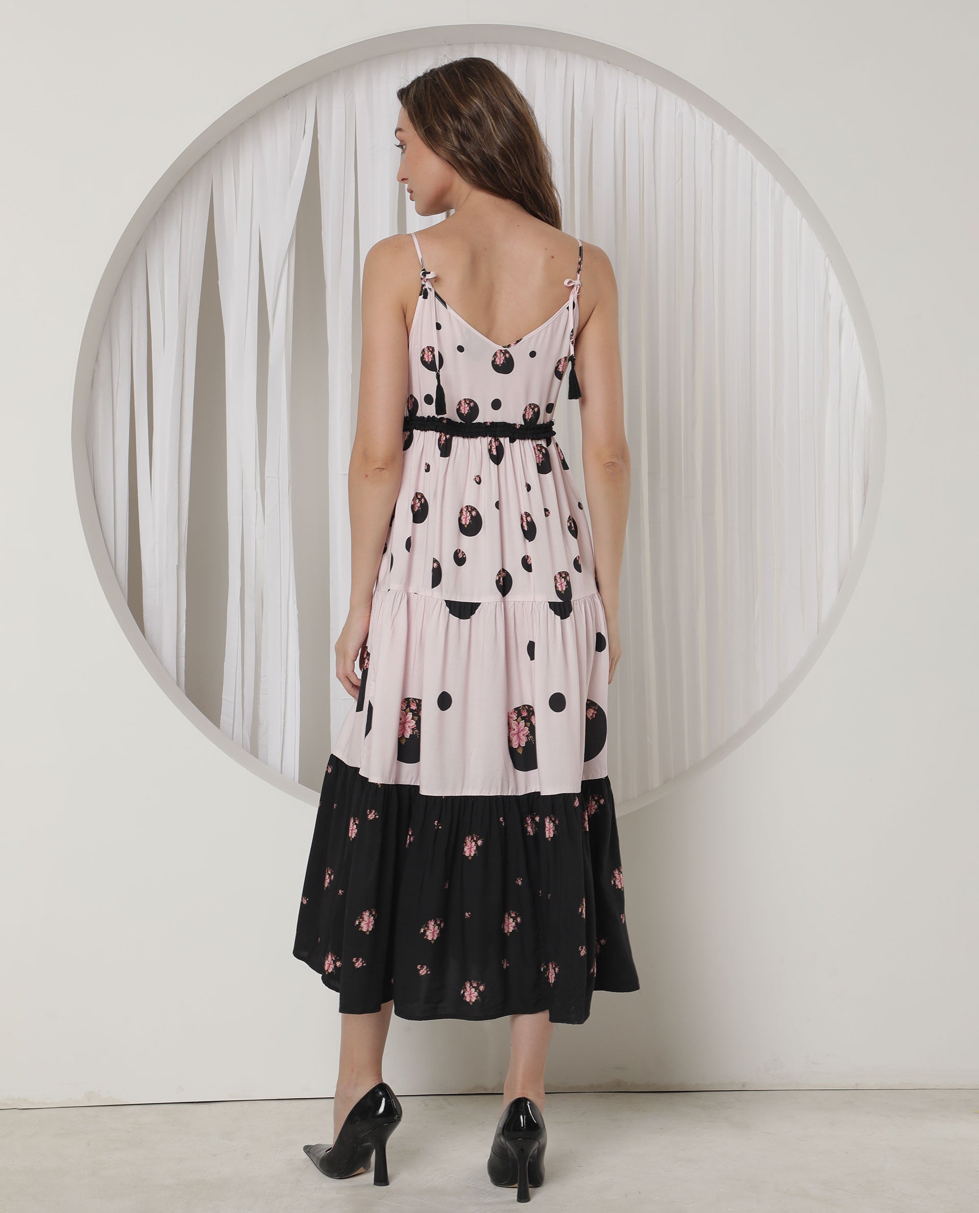 Rareism Women Lavandula Light Pink Polyester Fabric Sleeveless Shoulder Straps Relaxed Fit Polka Midi Tiered Dress