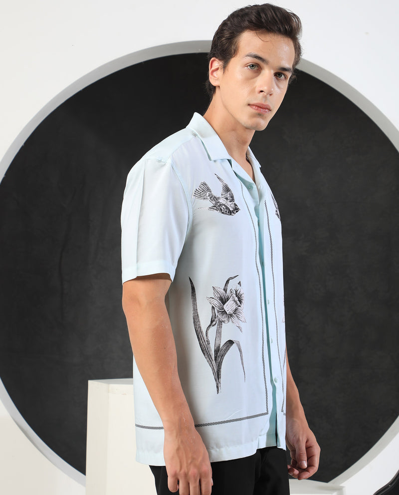 Rare Rabbit Men's Nicaro Turq Viscose Fabric Floral Print Half Sleeves Shirt
