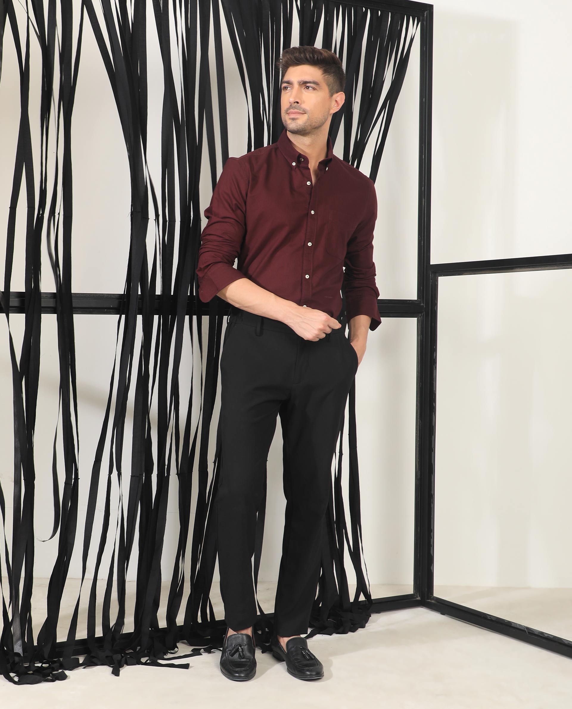 Rare Rabbit Men's Auxfo Maroon Cotton Fabric Full Sleeves Solid Shirt