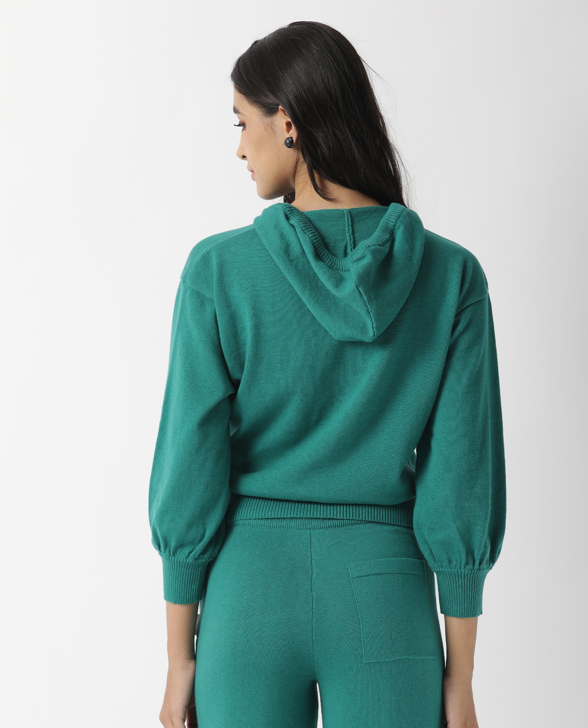 Rareism Women Finn Sweat Green Cotton Fabric Full Sleeves Relaxed Fit Solid Hooded Sweater