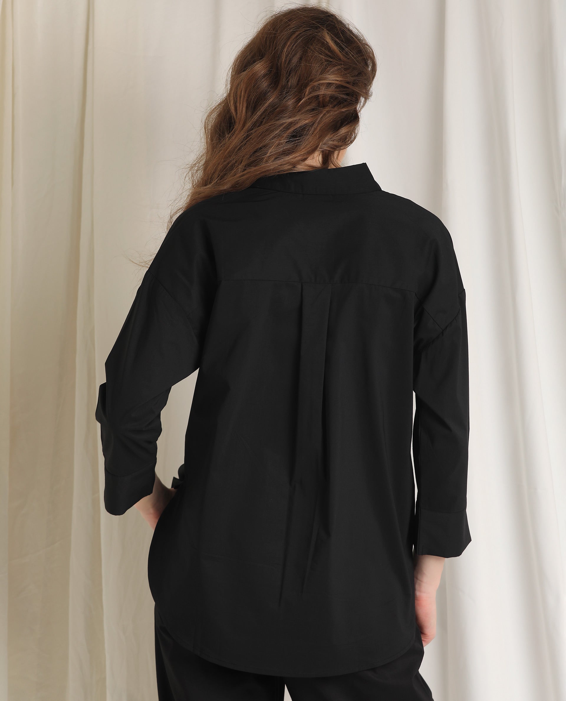 Rareism Womens Eleven Black Top Polyester Fabric Regular Fit 3/4 Sleeve Collared Neck