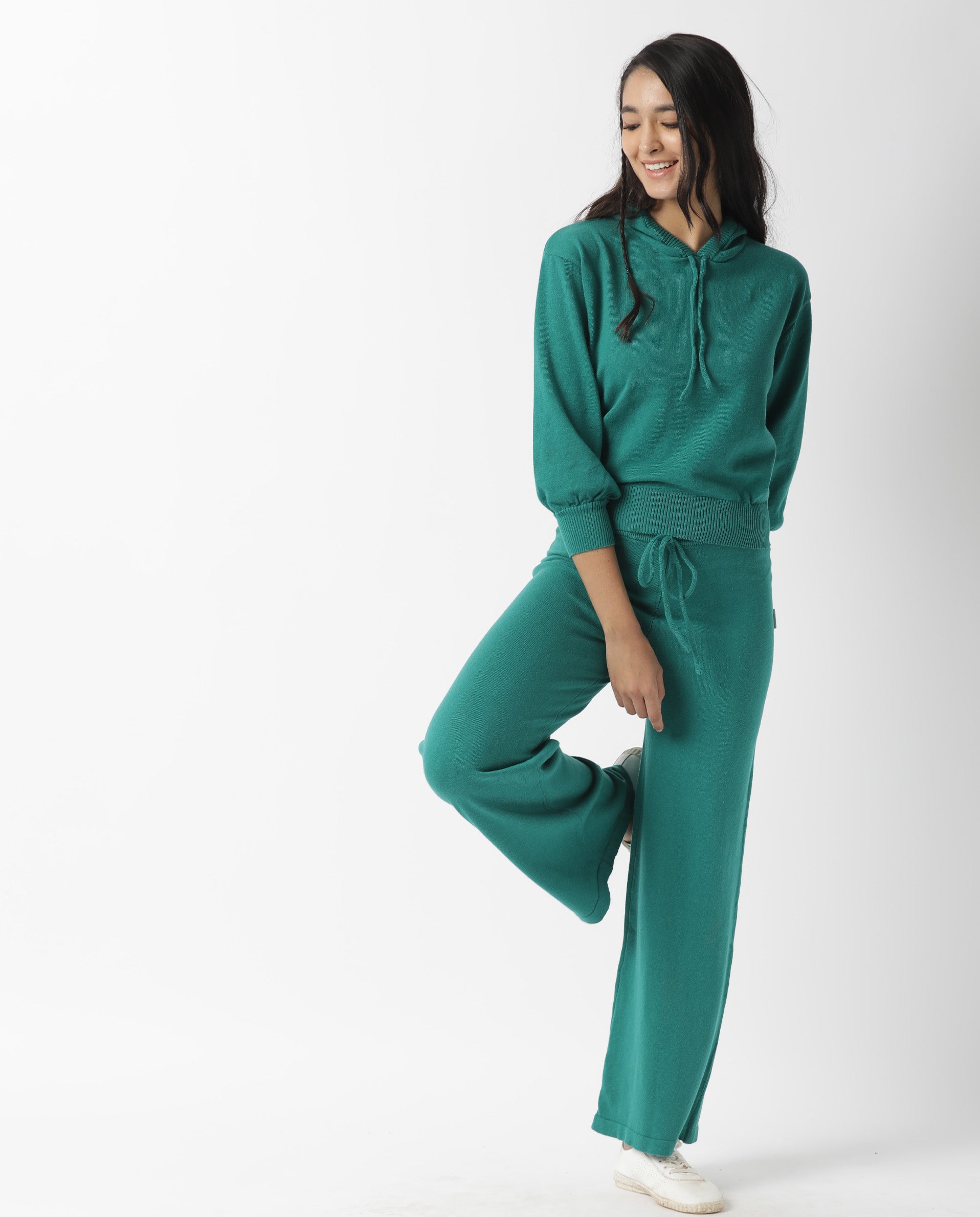 Rareism Women Finn Green Cotton Fabric Relaxed Fit Full Sleeves Solid Knee Length Hooded Track Suit