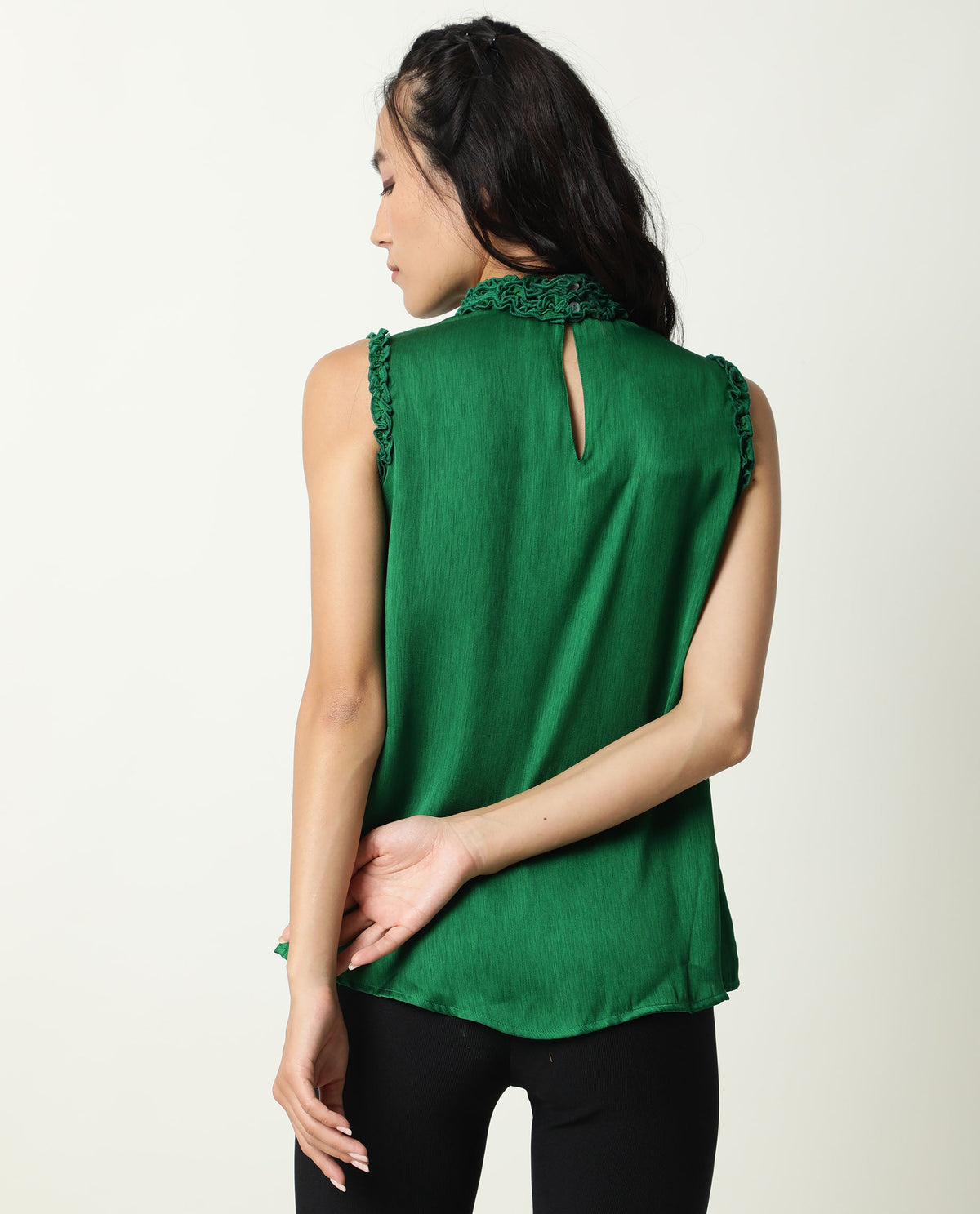 Rareism Womens Baileys Green Top Polyester Fabric  Sleeveless Ruffled Neck