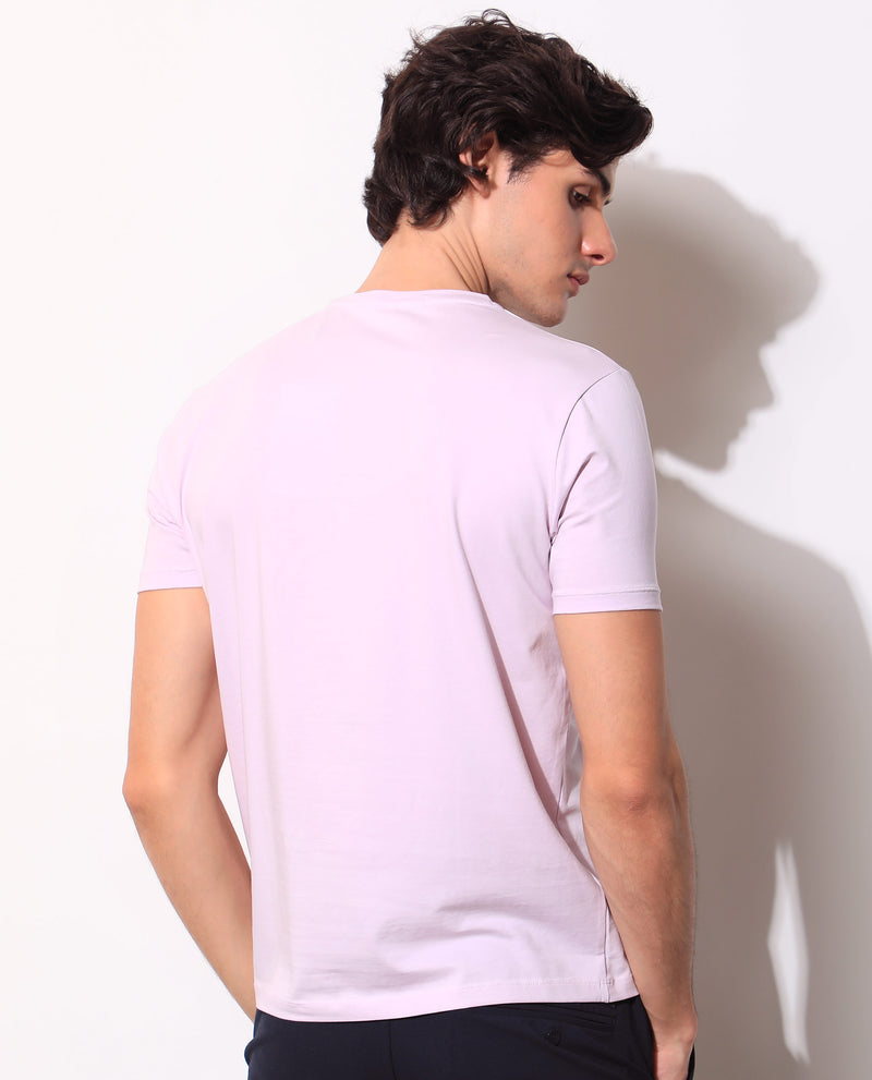 Rare Rabbit Men's Rives Pastel Purple Crew Neck Discharge and HD Print Branding Half Sleeves Slim Fit T-Shirt
