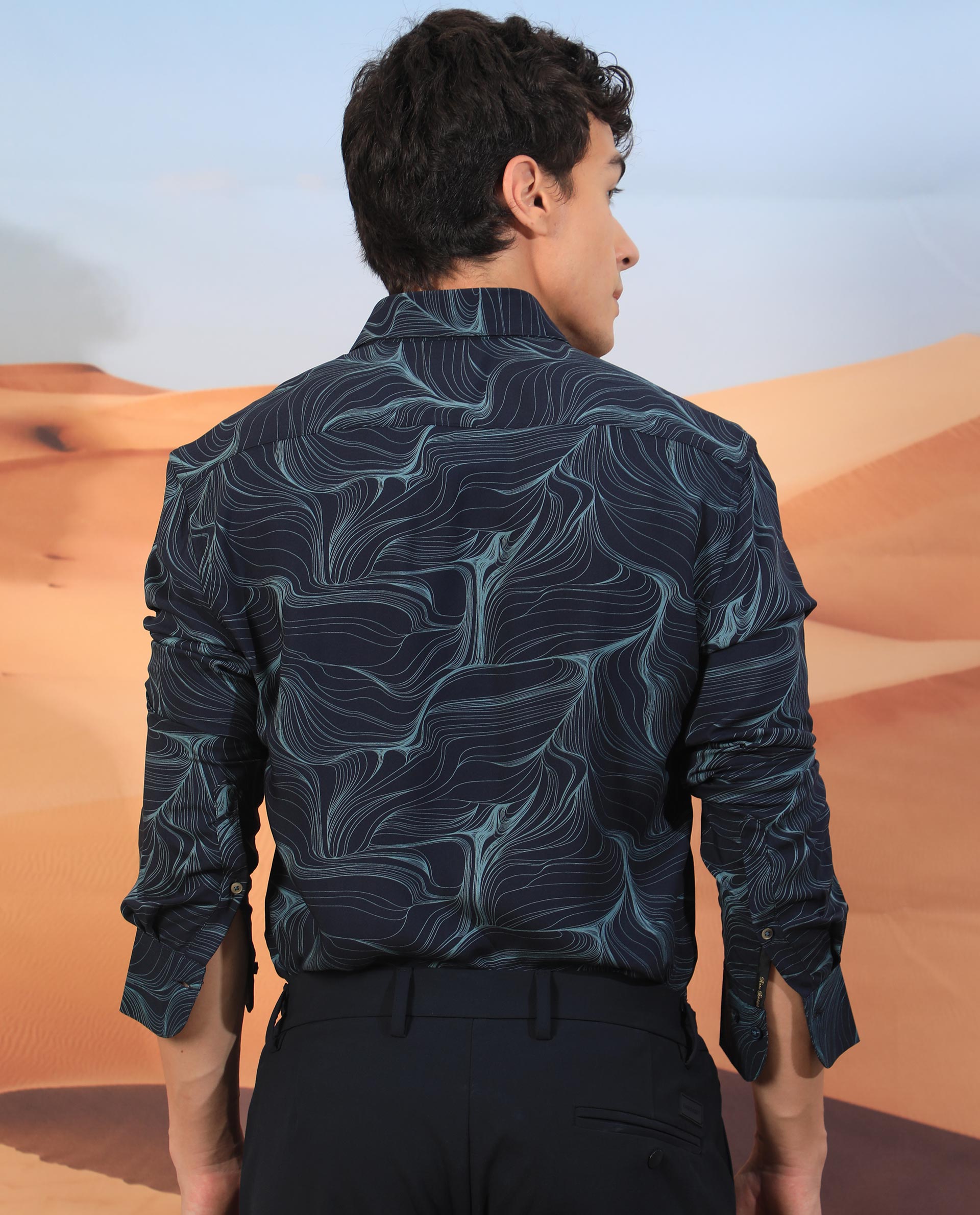 Rare Rabbit Men's Gravel Navy Viscose Fabric Abstract Print Full Sleeves Shirt