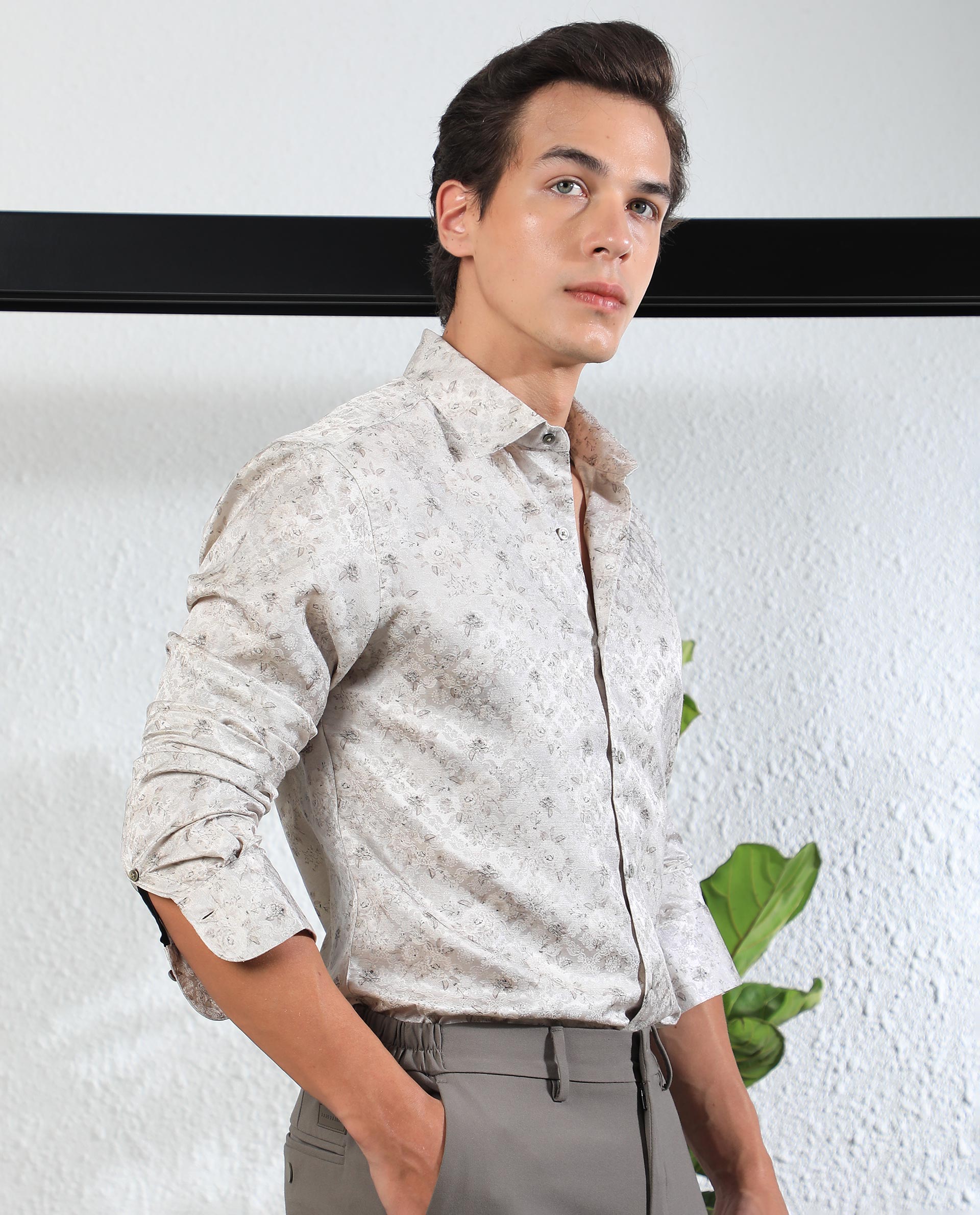 Rare Rabbit Men's Rosem Beige Floral Print Full Sleeves Shirt