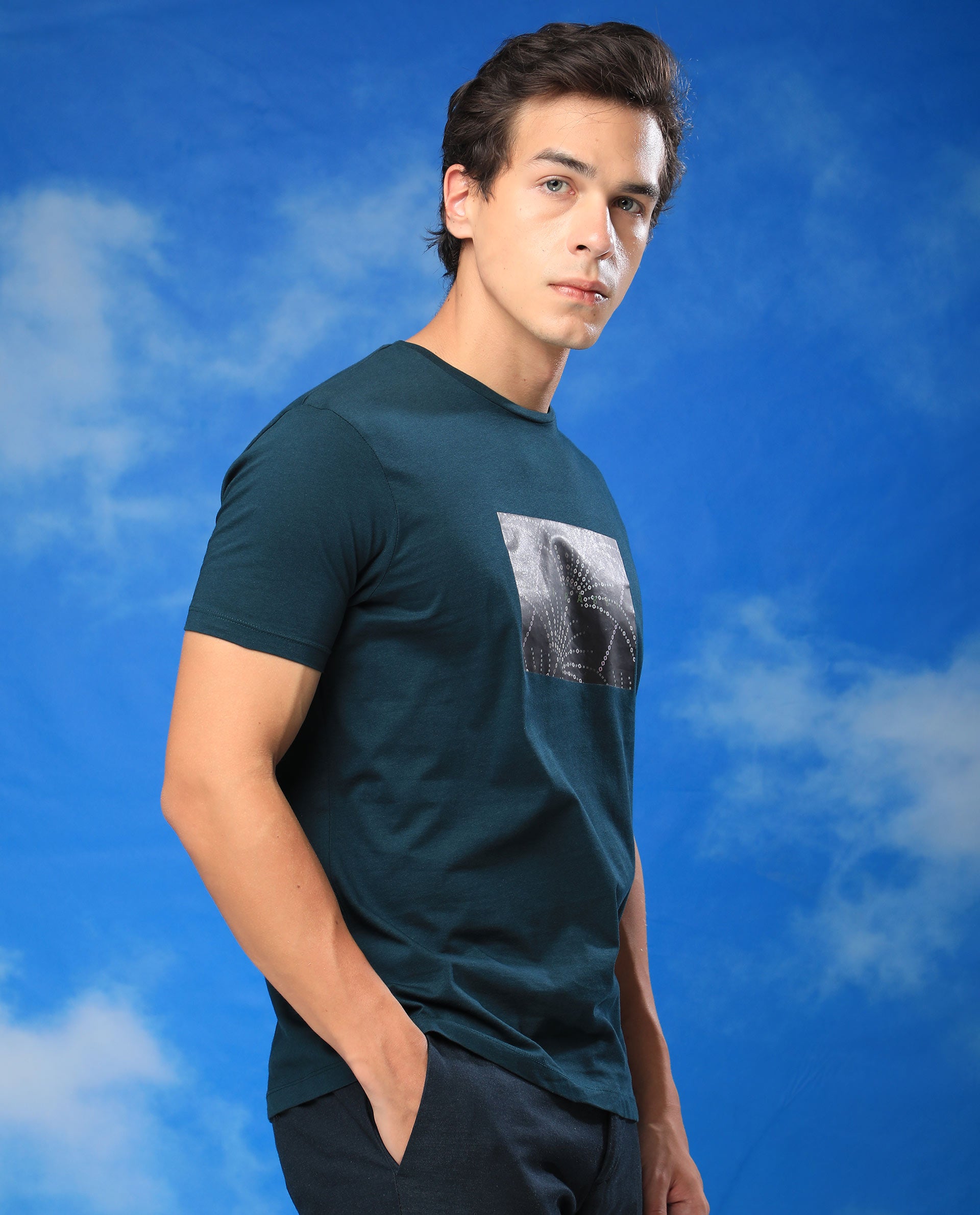 Rare Rabbit Men's Glams Green Crew Neck Abstract Graphic Logo Printed T-Shirt